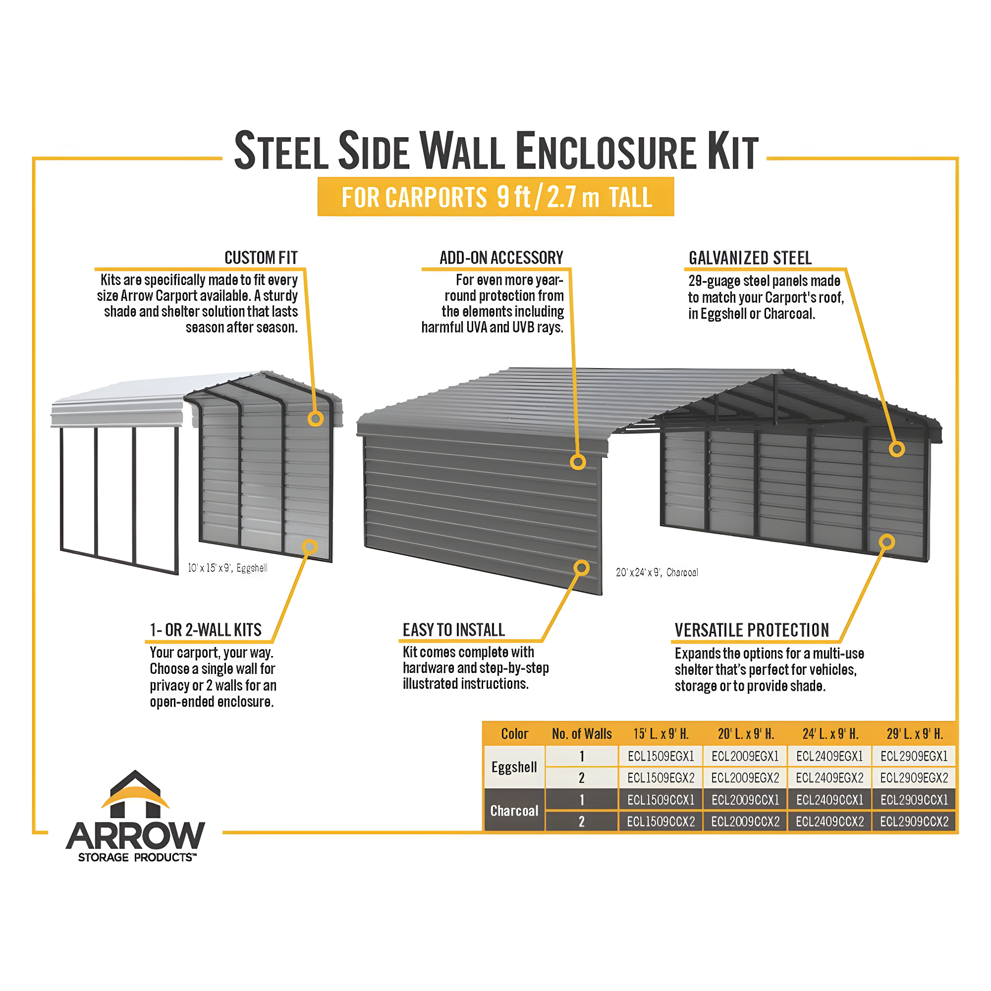 Arrow Arrow Steel Carport with 1 Side Wall Kit, 12x24x09