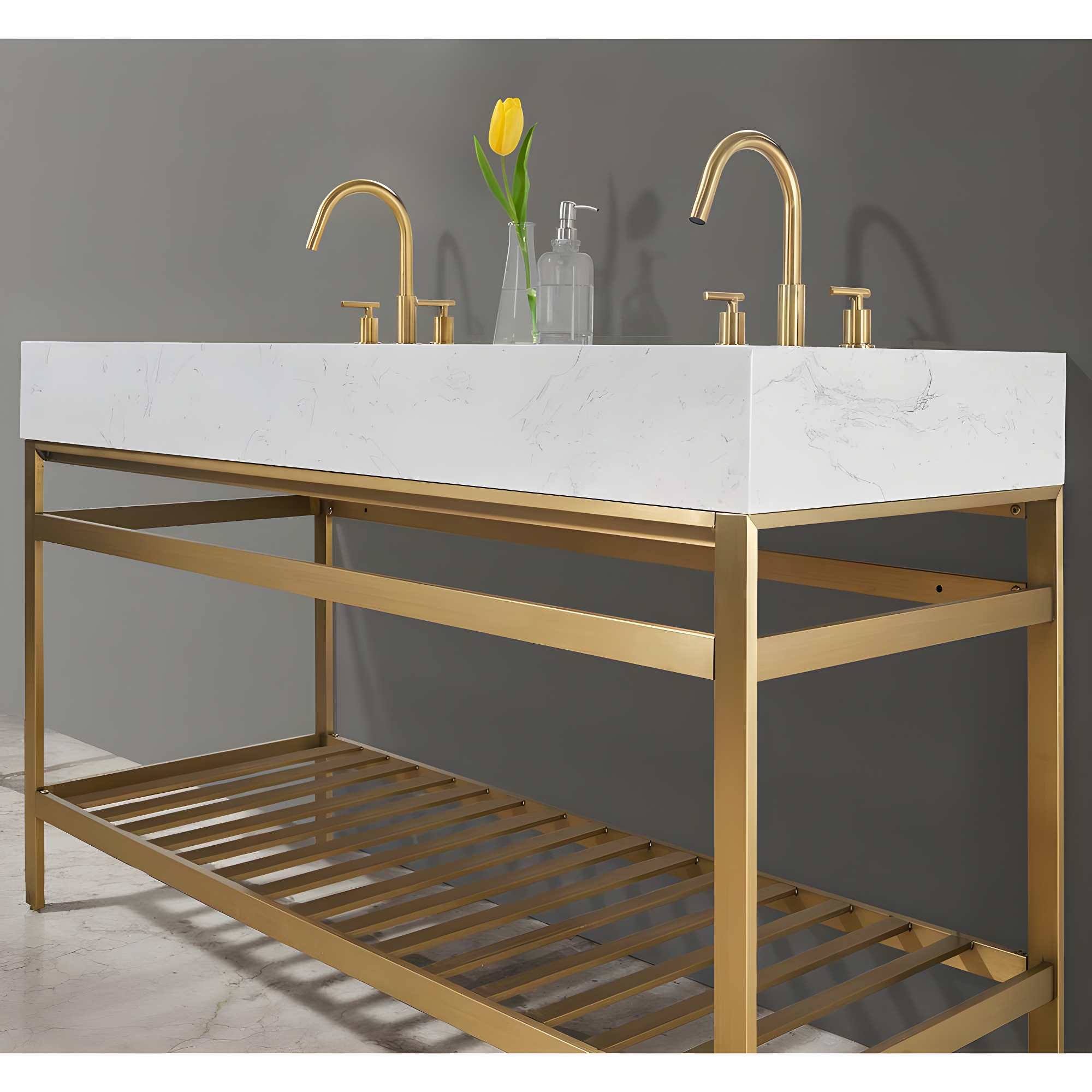 Merano 60" Double Stainless Steel Vanity Console in Brushed Gold with Aosta White Stone Countertop without Mirror