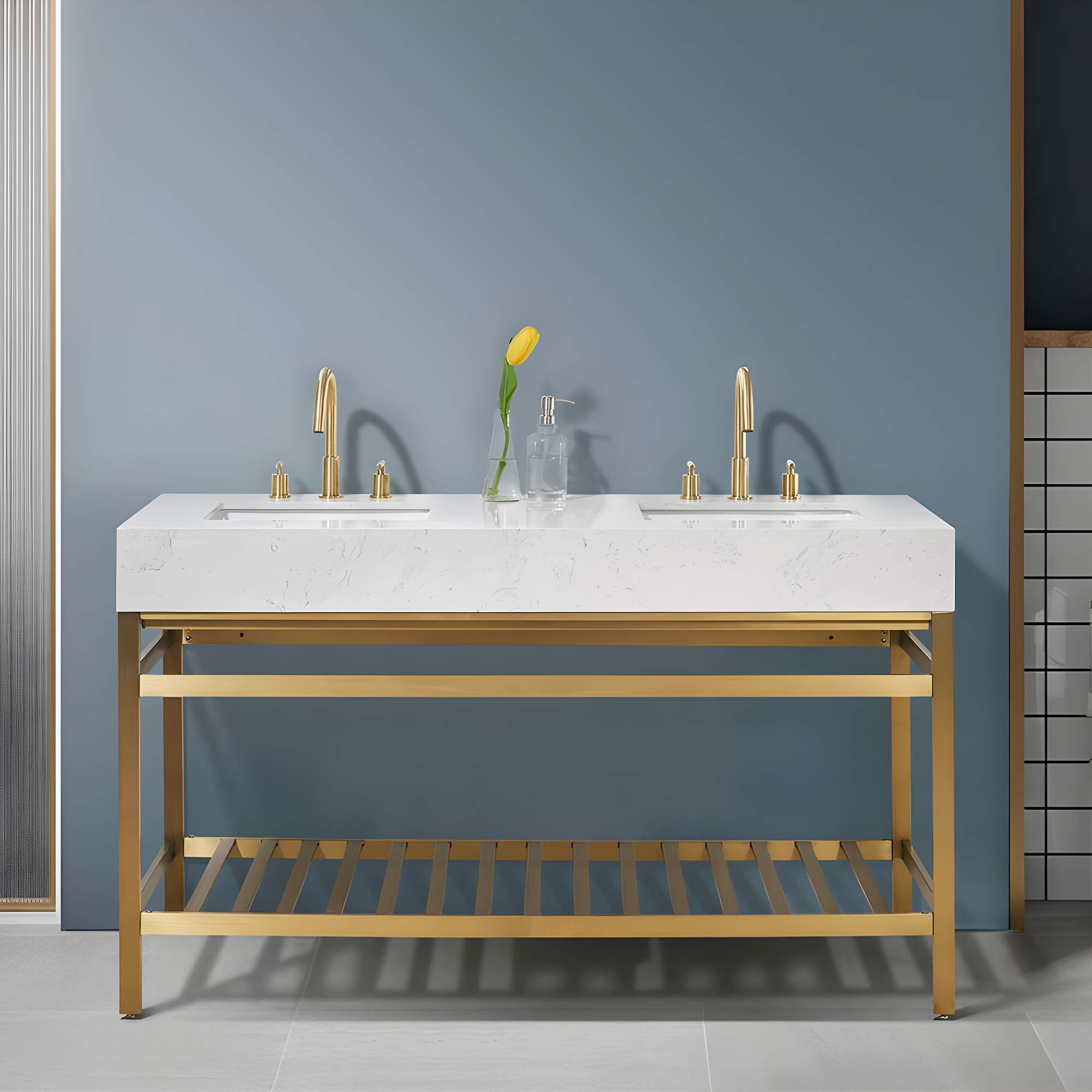 Merano 60" Double Stainless Steel Vanity Console in Brushed Gold with Aosta White Stone Countertop without Mirror
