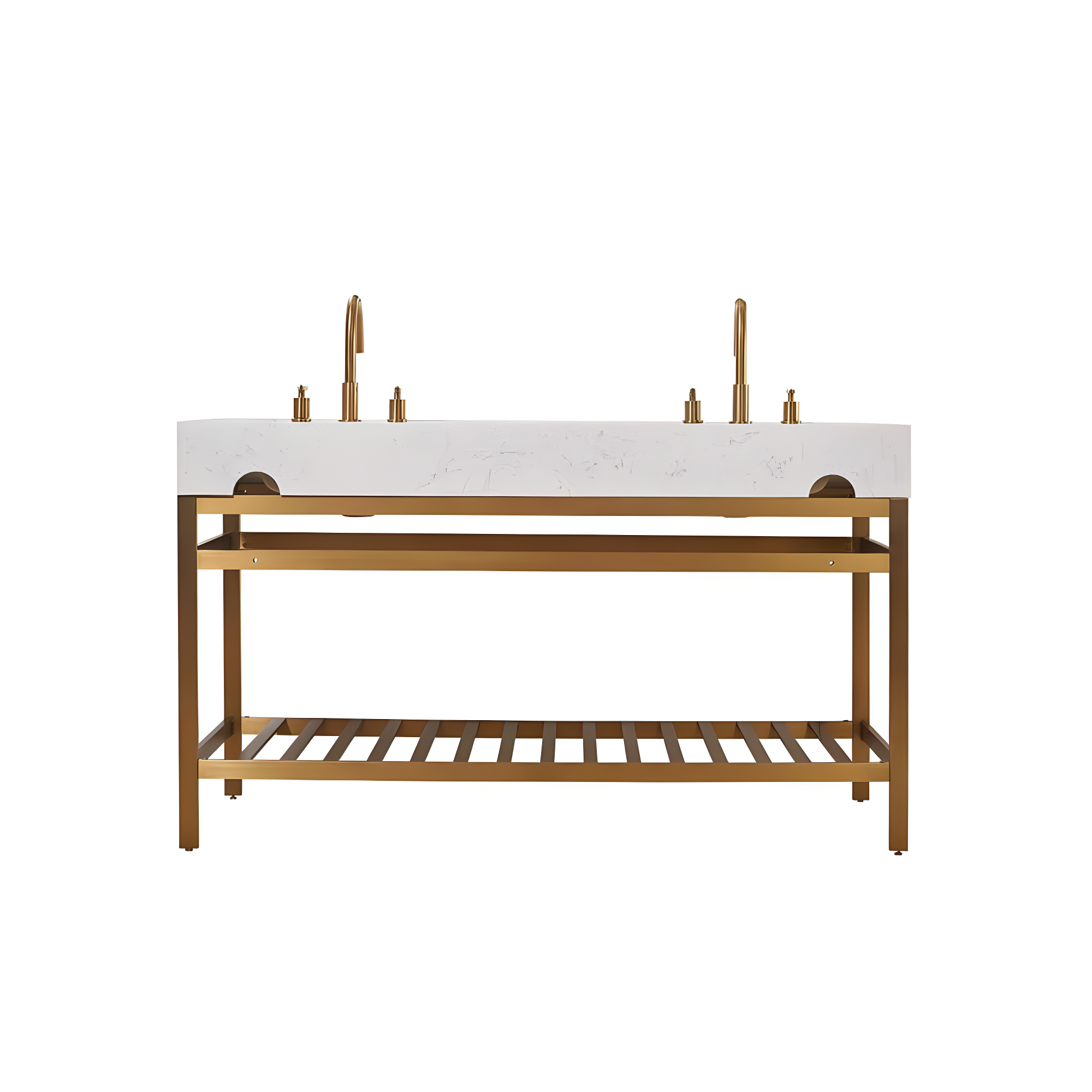 Merano 60" Double Stainless Steel Vanity Console in Brushed Gold with Aosta White Stone Countertop without Mirror