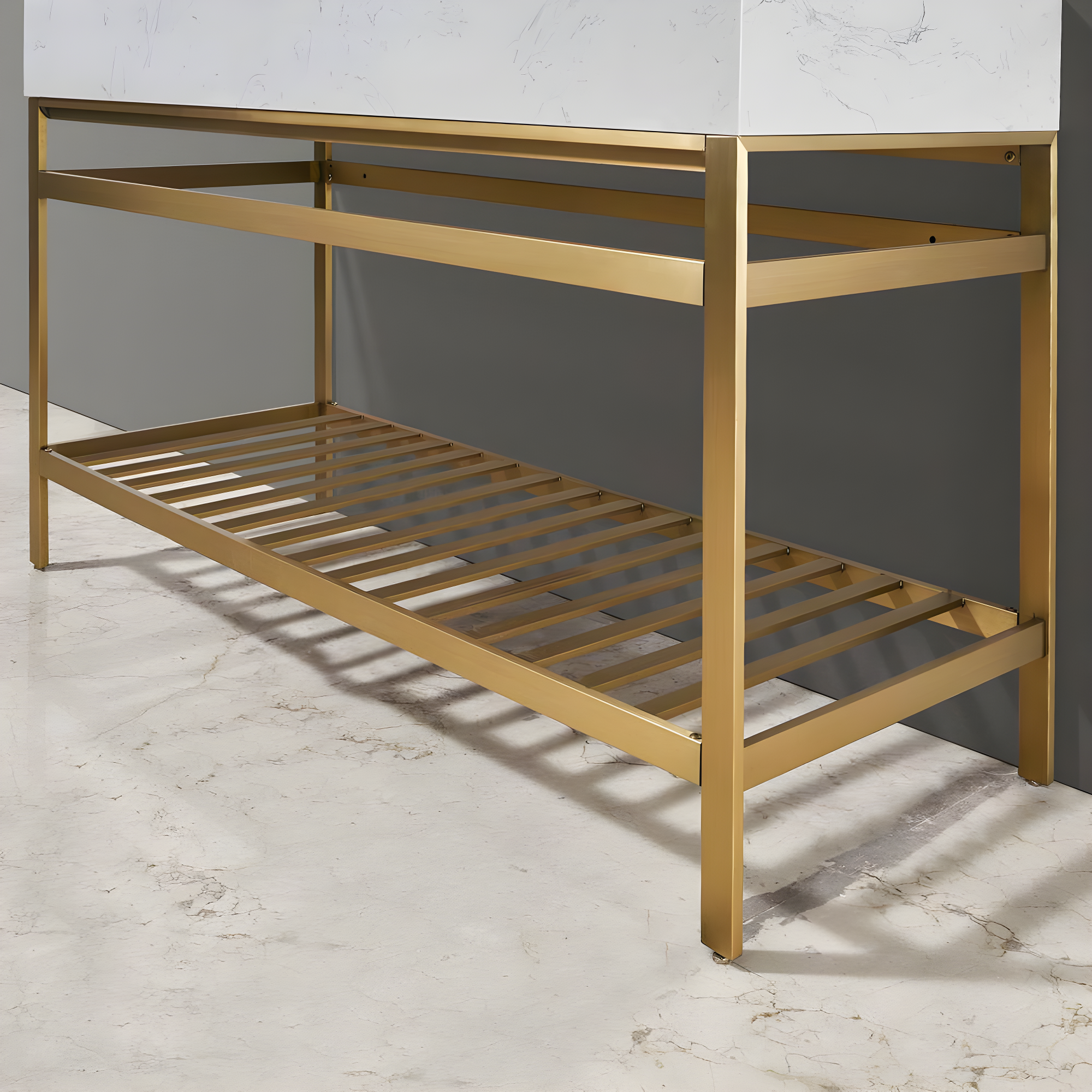Merano 60" Double Stainless Steel Vanity Console in Brushed Gold with Aosta White Stone Countertop without Mirror