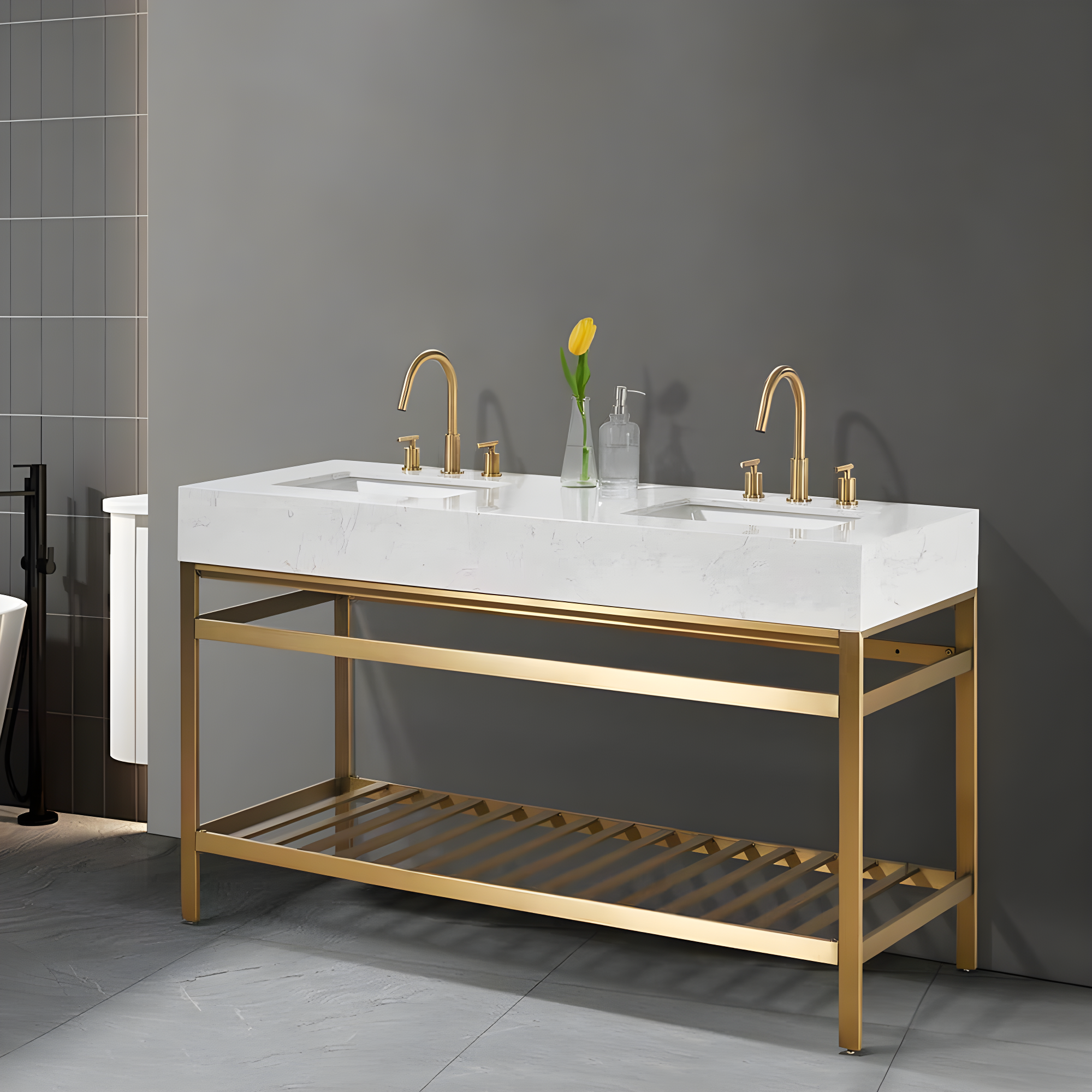 Merano 60" Double Stainless Steel Vanity Console in Brushed Gold with Aosta White Stone Countertop without Mirror