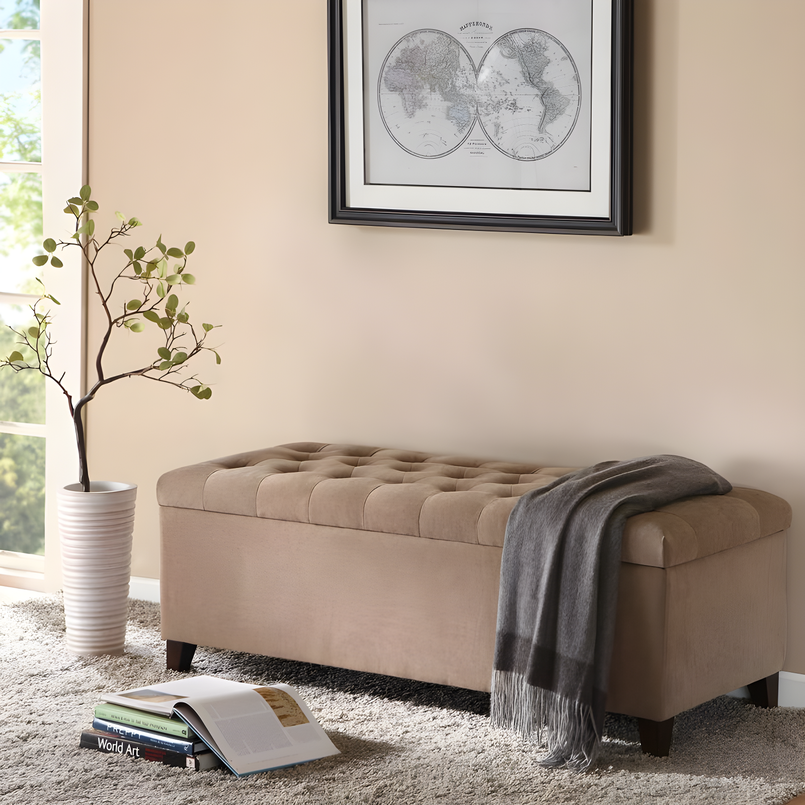 Shandra Bench Storage Ottoman with Tufted Top - Sand: Upholstered Bedroom Ottoman, Wood Legs, No Assembly Required