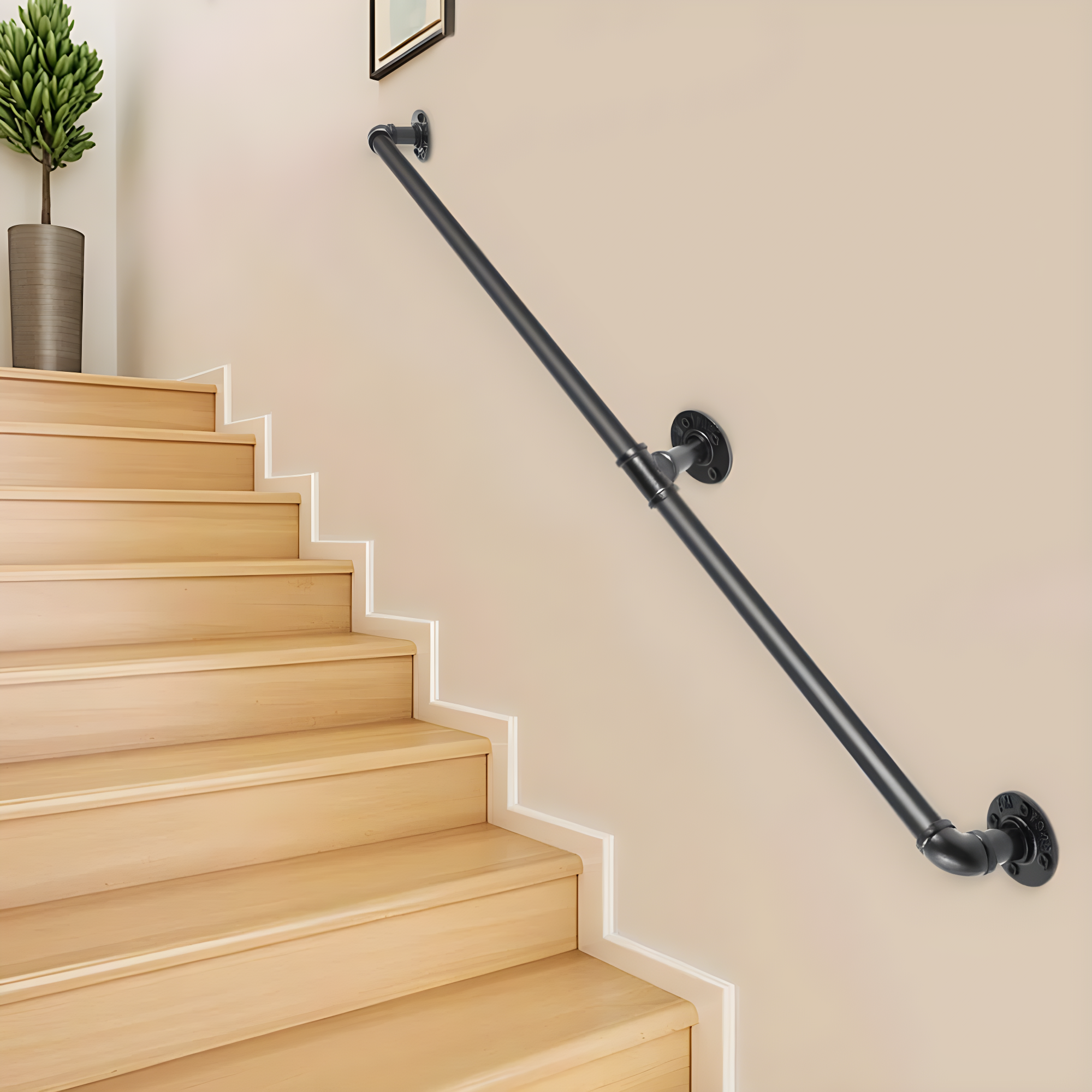 6 ft. Pipe Stair Handrail 440 lbs. Load Capacity Wall Mounted Handrail Round Corner Handrails for Outdoor Steps in Black