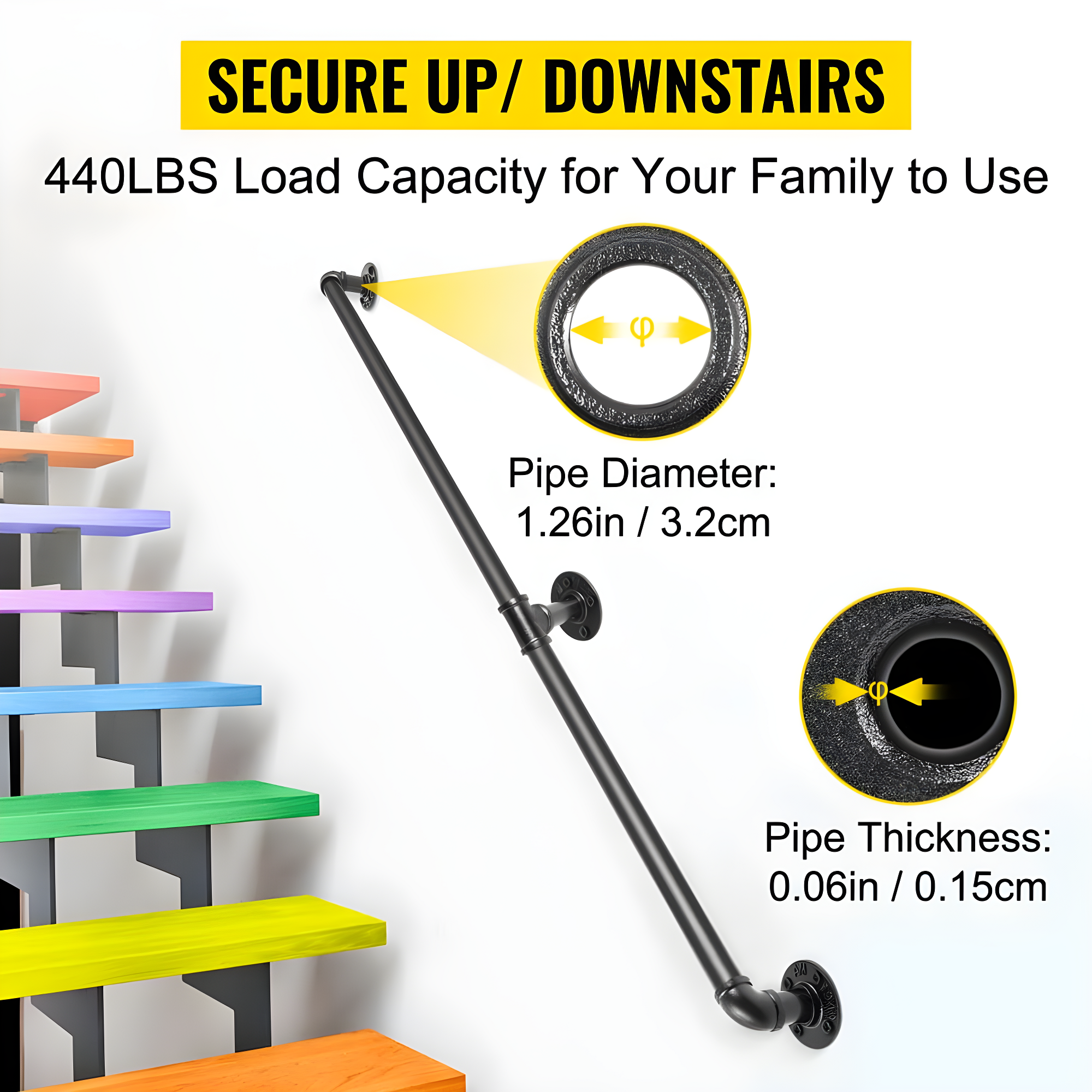 6 ft. Pipe Stair Handrail 440 lbs. Load Capacity Wall Mounted Handrail Round Corner Handrails for Outdoor Steps in Black