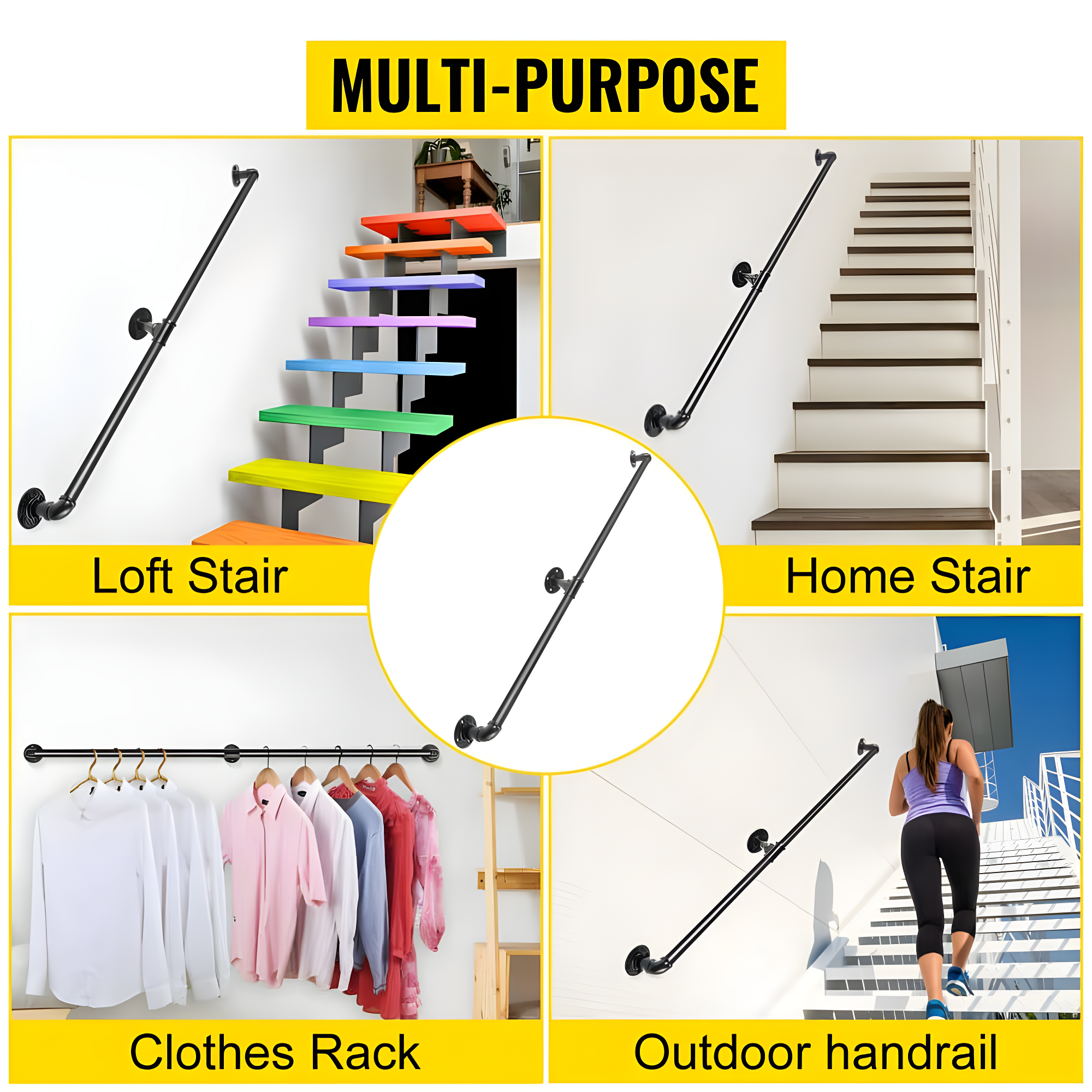 6 ft. Pipe Stair Handrail 440 lbs. Load Capacity Wall Mounted Handrail Round Corner Handrails for Outdoor Steps in Black