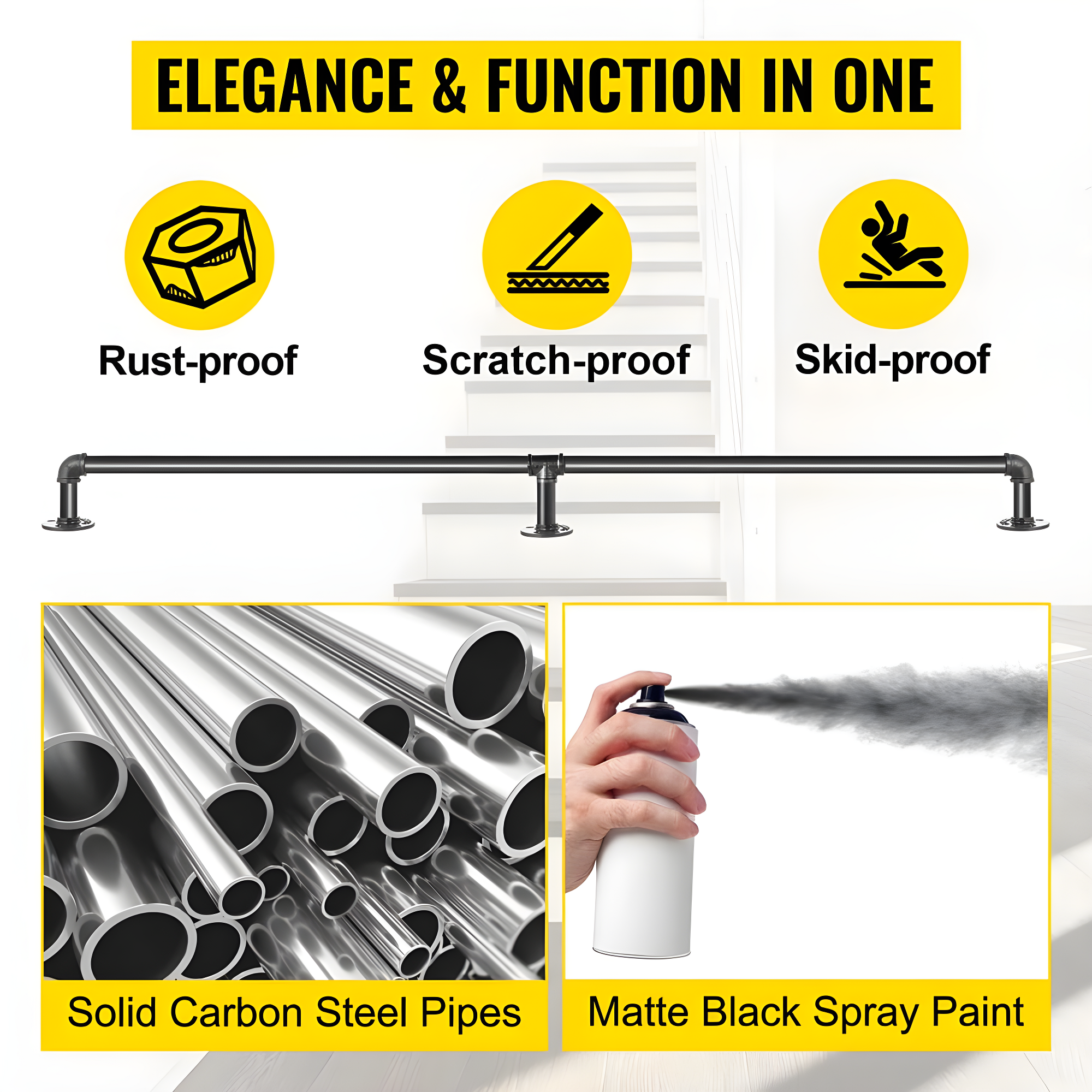 6 ft. Pipe Stair Handrail 440 lbs. Load Capacity Wall Mounted Handrail Round Corner Handrails for Outdoor Steps in Black