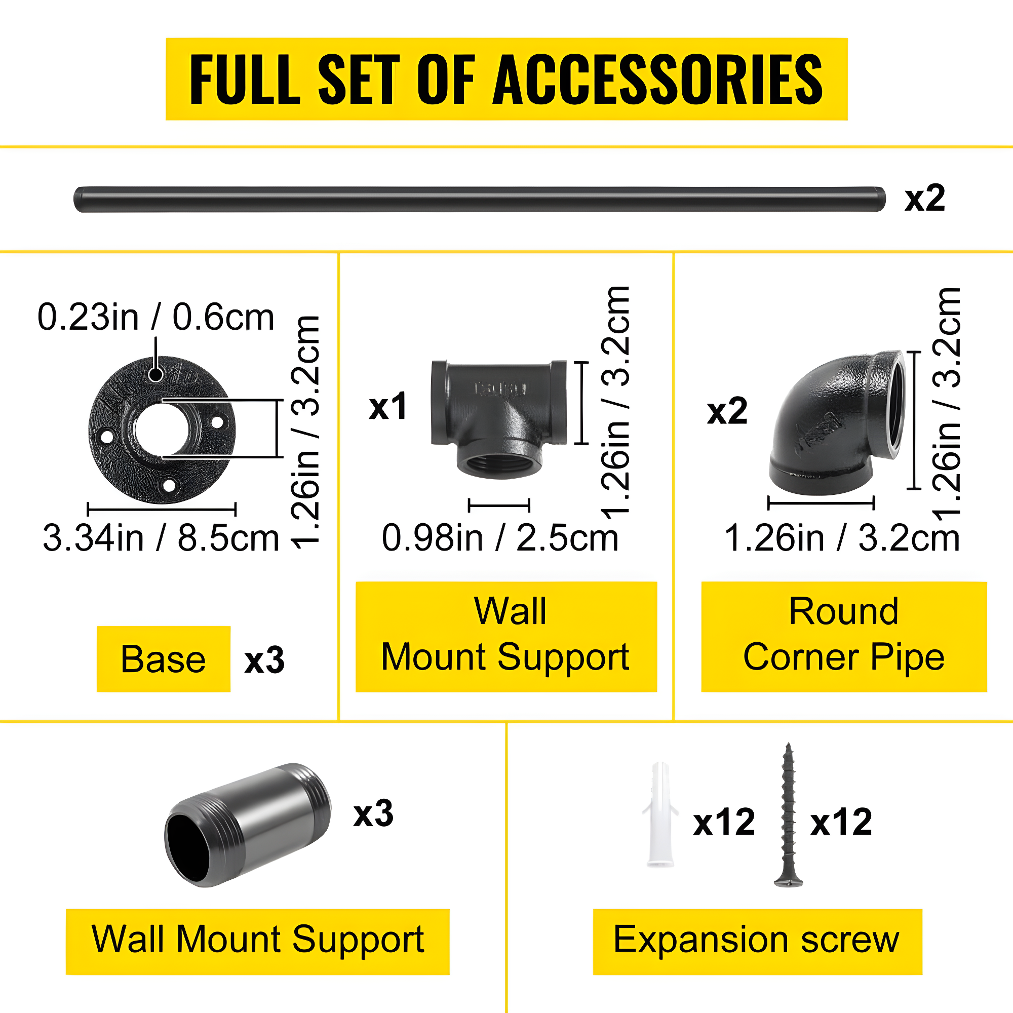 6 ft. Pipe Stair Handrail 440 lbs. Load Capacity Wall Mounted Handrail Round Corner Handrails for Outdoor Steps in Black