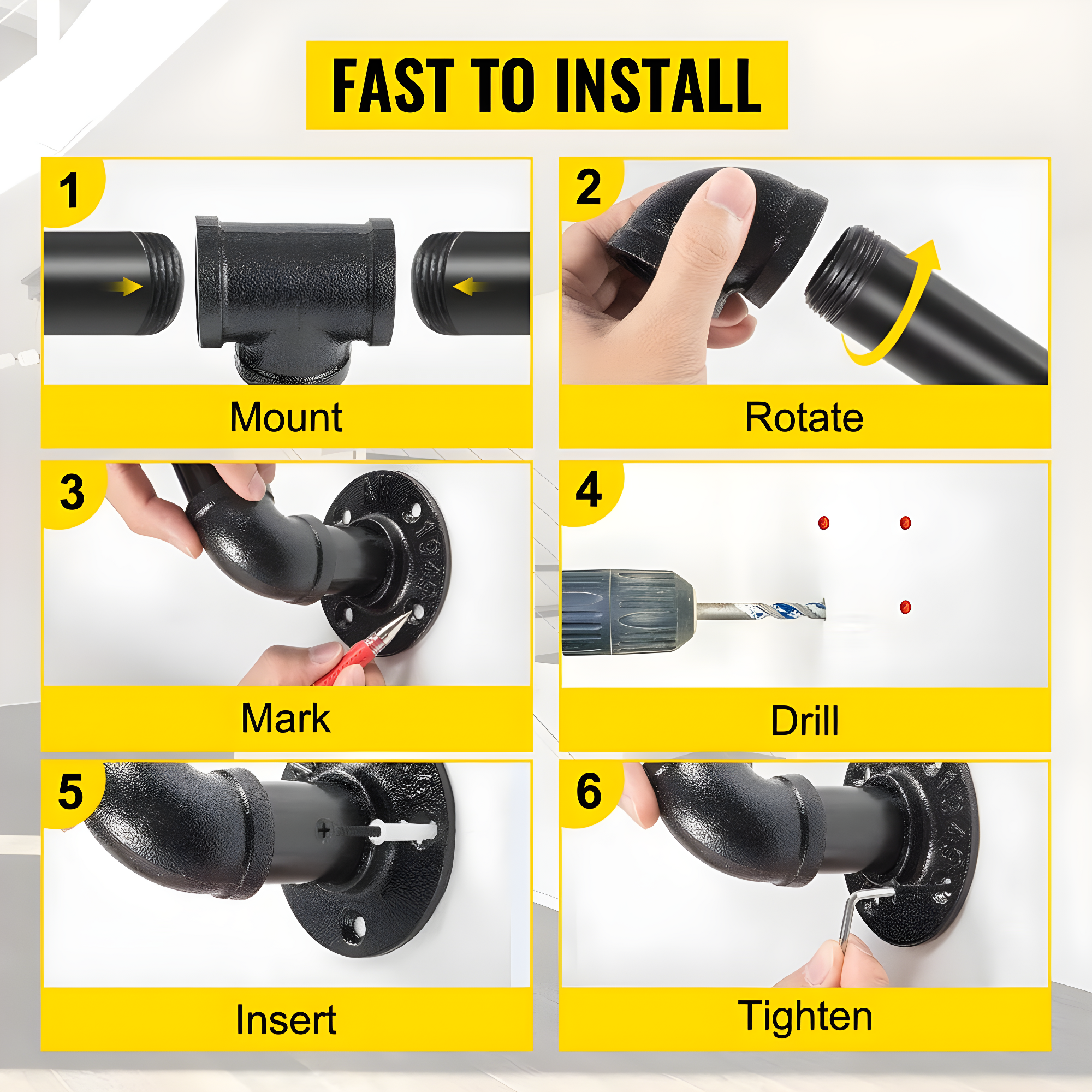 6 ft. Pipe Stair Handrail 440 lbs. Load Capacity Wall Mounted Handrail Round Corner Handrails for Outdoor Steps in Black