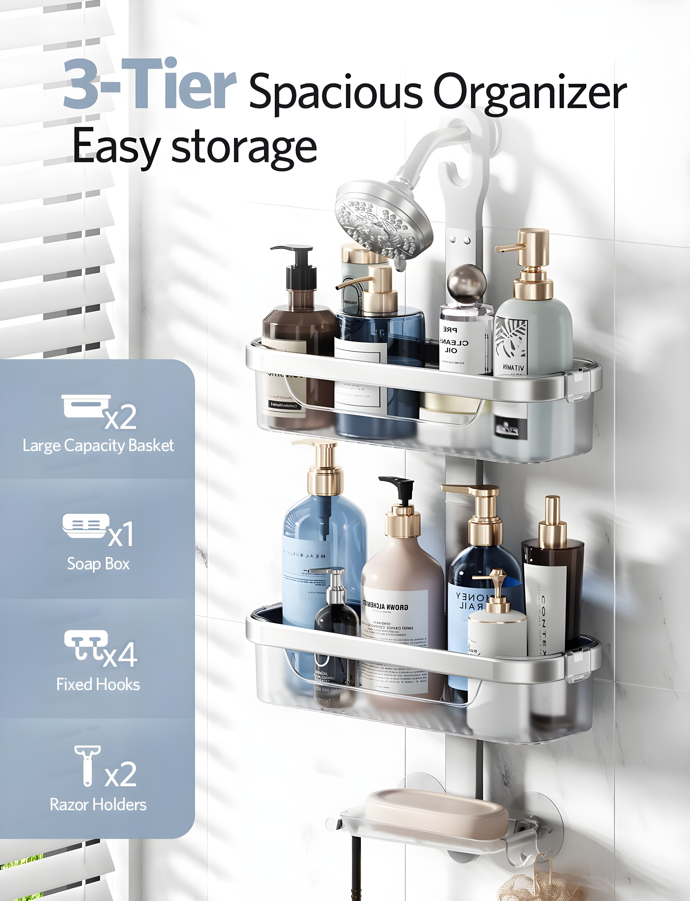 Adjustable-Shower-Caddy-Hanging, Rust Proof Shower Hanging Organizer, 3-Tier Aluminum Alloy + ABS, Large Capacity Shower Caddy Over-The-Showerhead With Hooks, Razor Holder, Soap Dish