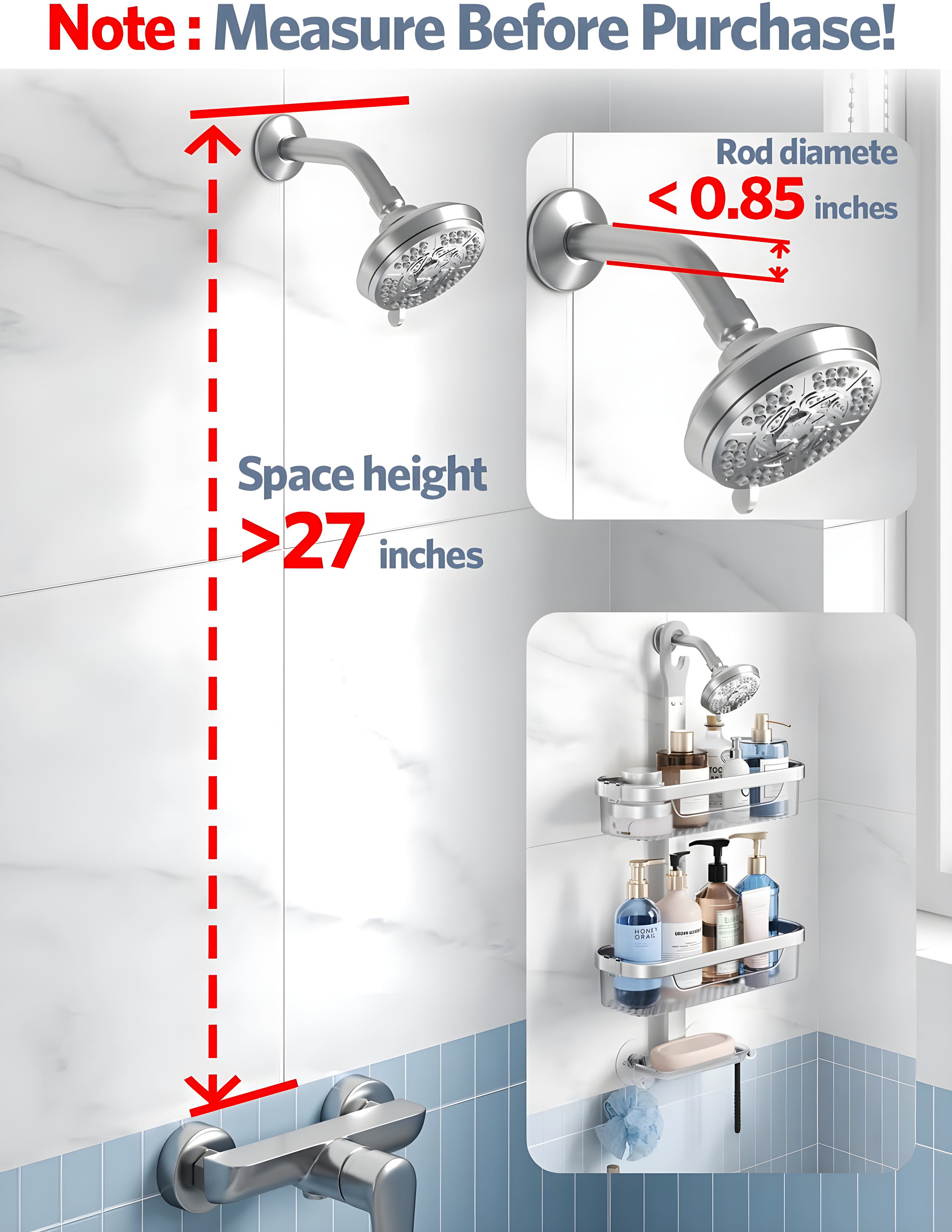 Adjustable-Shower-Caddy-Hanging, Rust Proof Shower Hanging Organizer, 3-Tier Aluminum Alloy + ABS, Large Capacity Shower Caddy Over-The-Showerhead With Hooks, Razor Holder, Soap Dish