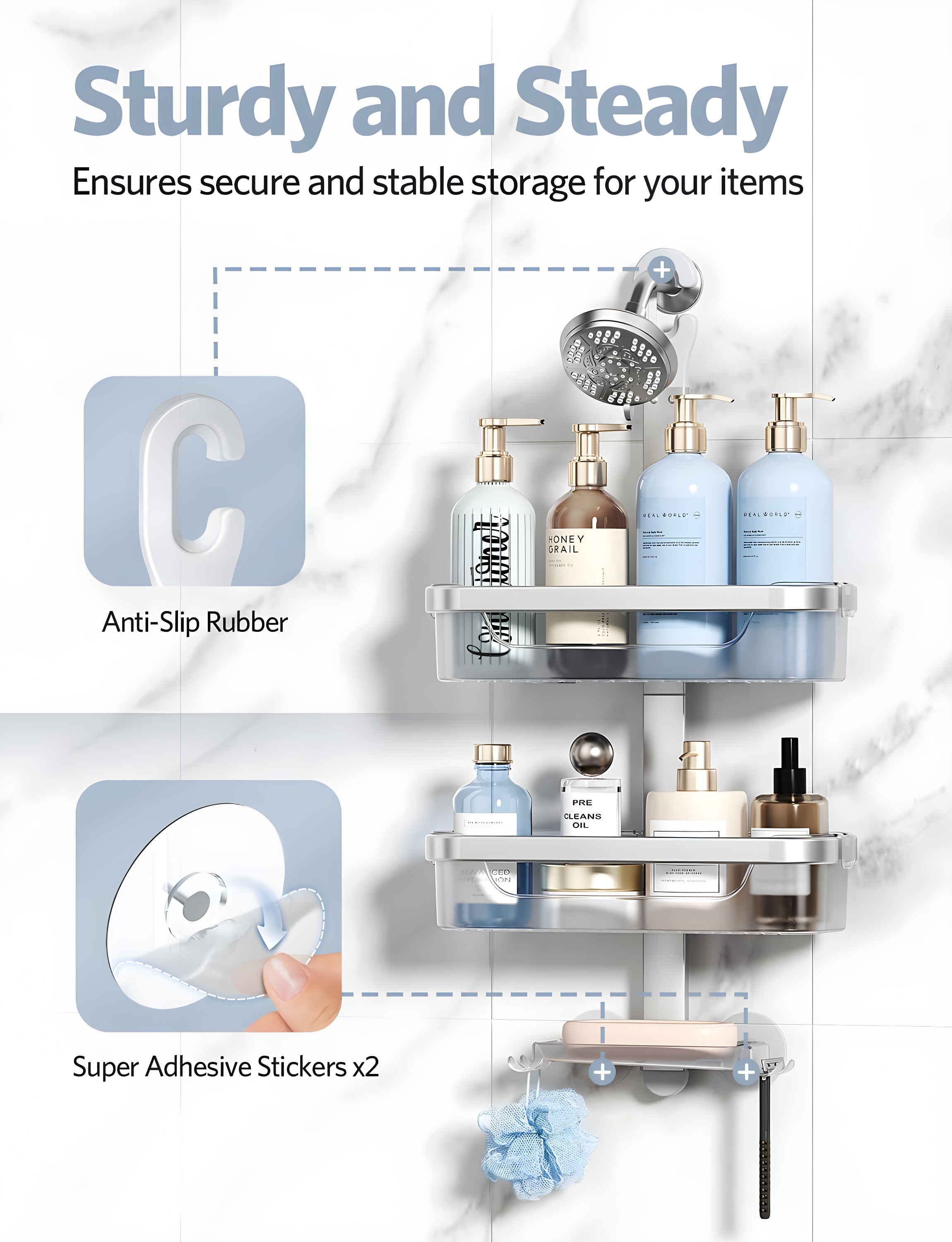 Adjustable-Shower-Caddy-Hanging, Rust Proof Shower Hanging Organizer, 3-Tier Aluminum Alloy + ABS, Large Capacity Shower Caddy Over-The-Showerhead With Hooks, Razor Holder, Soap Dish