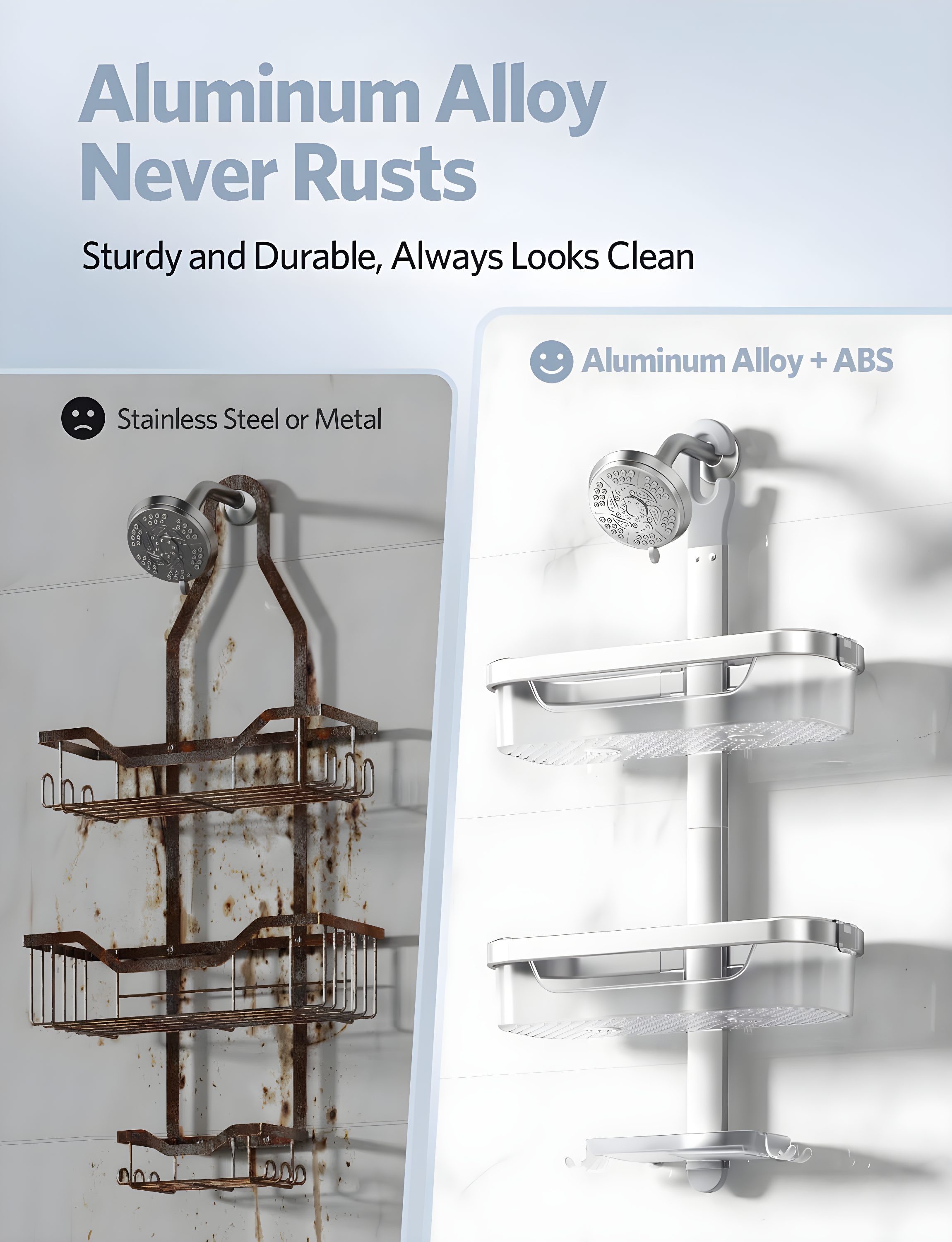 Adjustable-Shower-Caddy-Hanging, Rust Proof Shower Hanging Organizer, 3-Tier Aluminum Alloy + ABS, Large Capacity Shower Caddy Over-The-Showerhead With Hooks, Razor Holder, Soap Dish