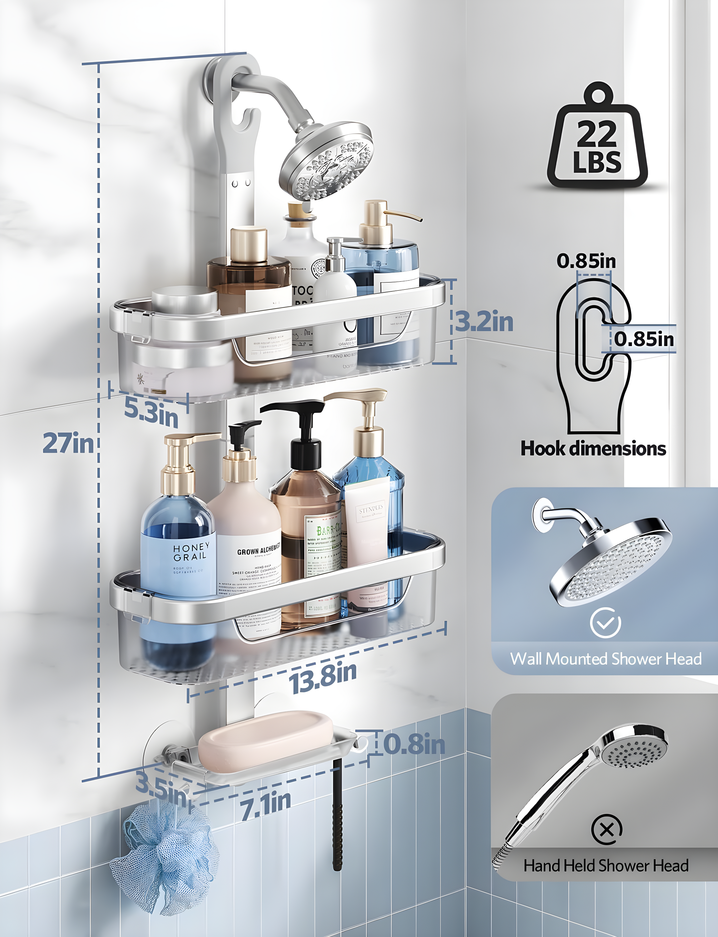 Adjustable-Shower-Caddy-Hanging, Rust Proof Shower Hanging Organizer, 3-Tier Aluminum Alloy + ABS, Large Capacity Shower Caddy Over-The-Showerhead With Hooks, Razor Holder, Soap Dish