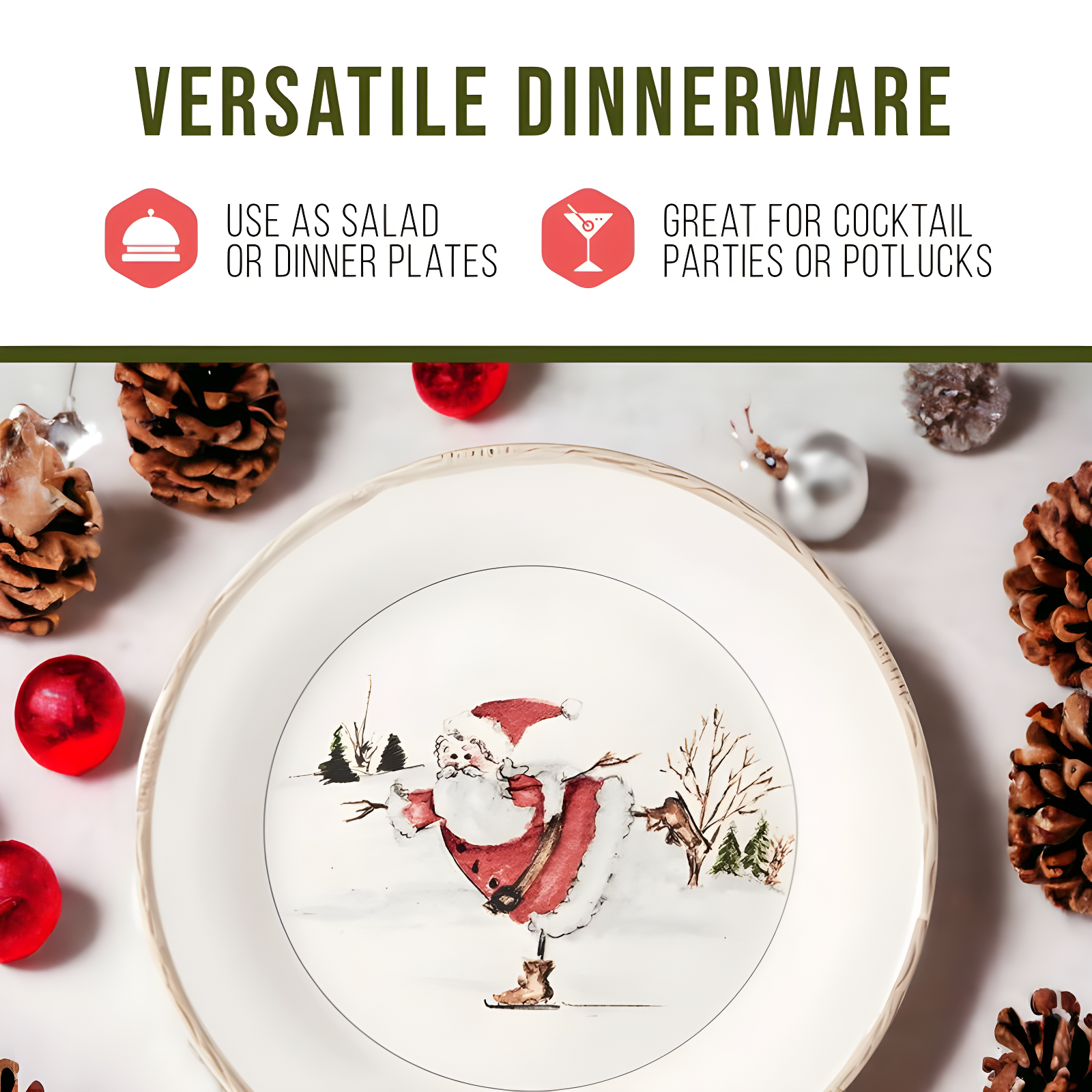 American Atelier Christmas Twig Holiday Dinner Plate, Set of 4, Holiday-Themed Special Occasion Earthenware Multipurpose Dishes ,11 Inch