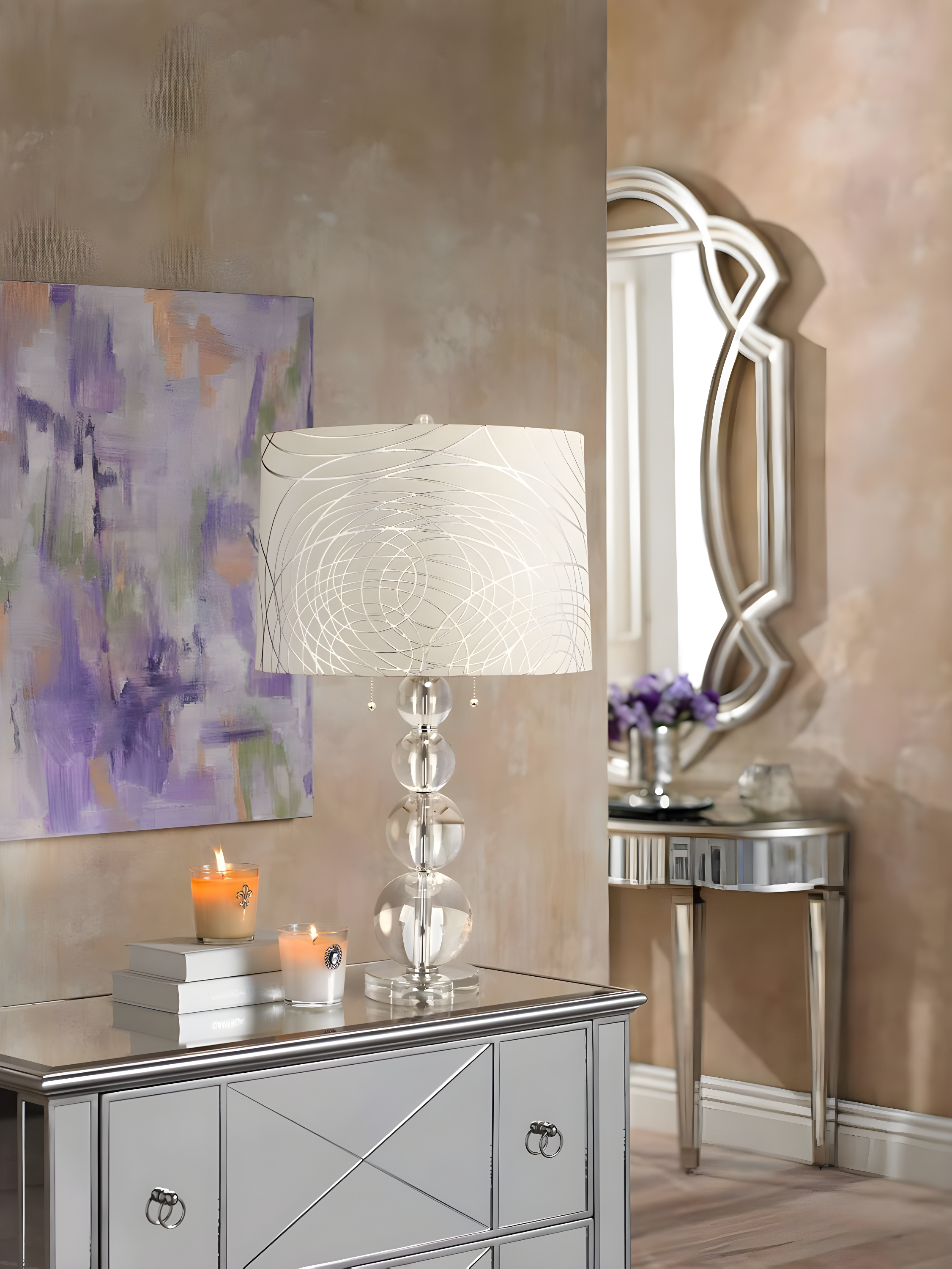 Springcrest Cream with Silver Circles Medium Drum Lamp Shade 15" Top x 16" Bottom x 11" High (Spider) Replacement with Harp and Finial