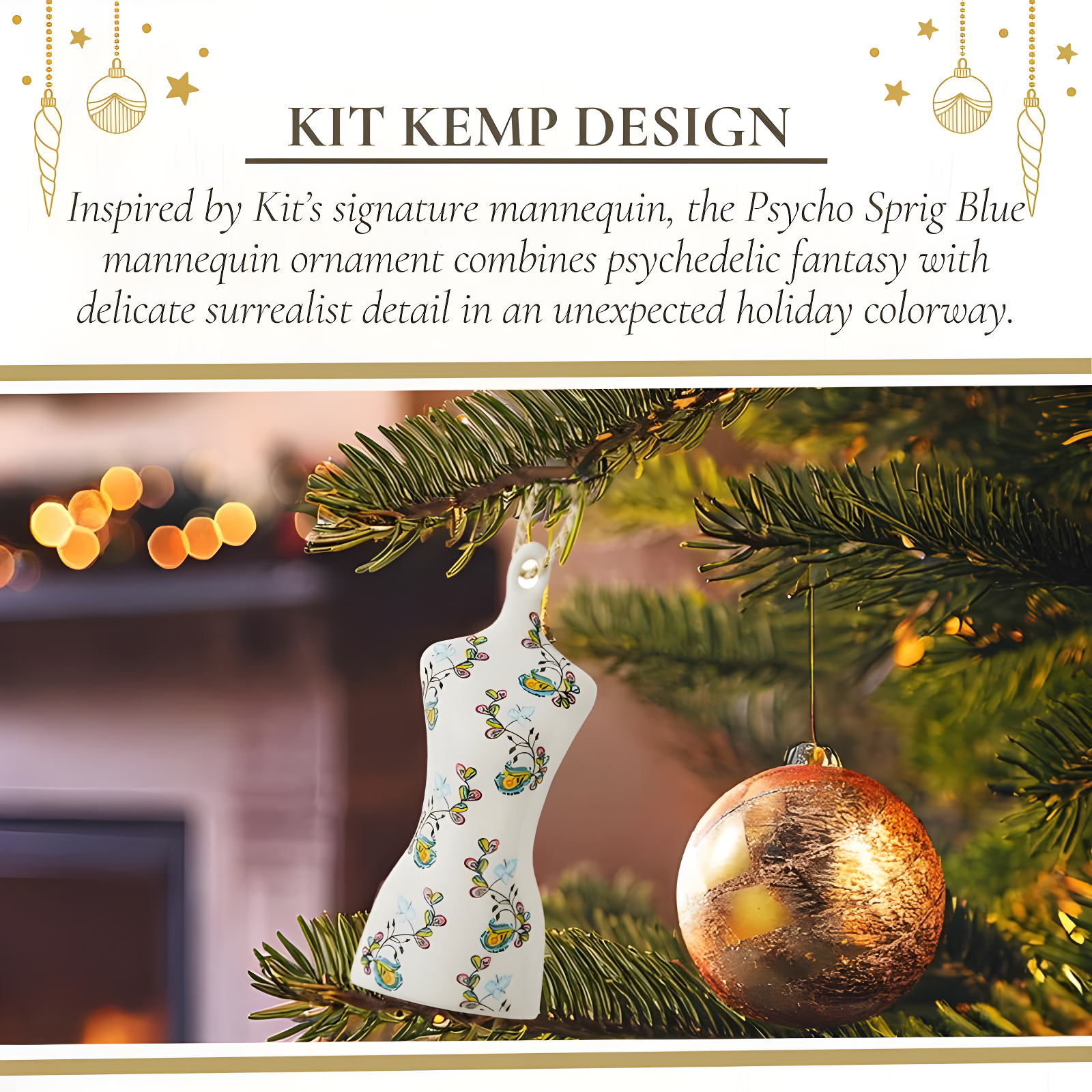 Kit Kemp by Spode Psycho Sprig Blue Mannequin Christmas Bauble, Handcrafted Porcelain Festive Keepsake, Personalized Holiday Collectible Ornament