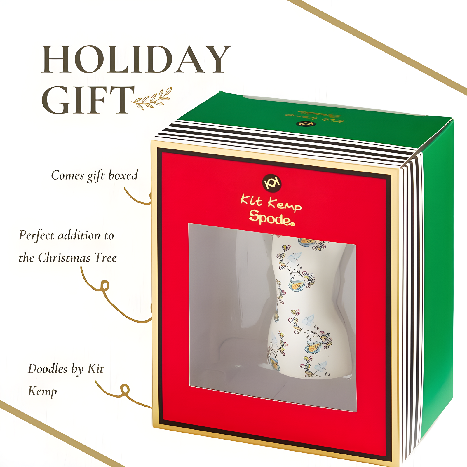 Kit Kemp by Spode Psycho Sprig Blue Mannequin Christmas Bauble, Handcrafted Porcelain Festive Keepsake, Personalized Holiday Collectible Ornament