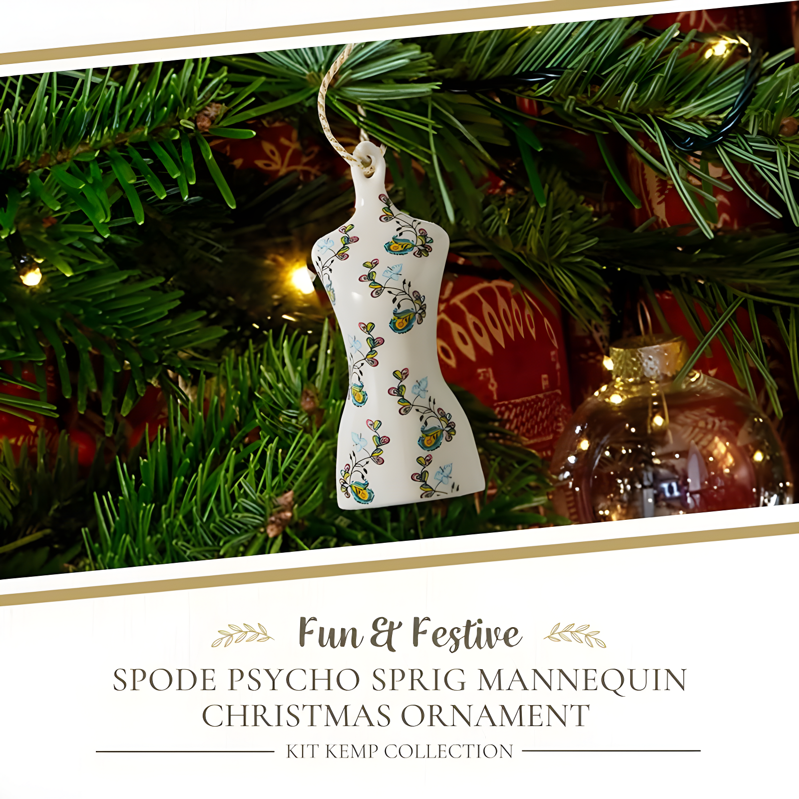 Kit Kemp by Spode Psycho Sprig Blue Mannequin Christmas Bauble, Handcrafted Porcelain Festive Keepsake, Personalized Holiday Collectible Ornament