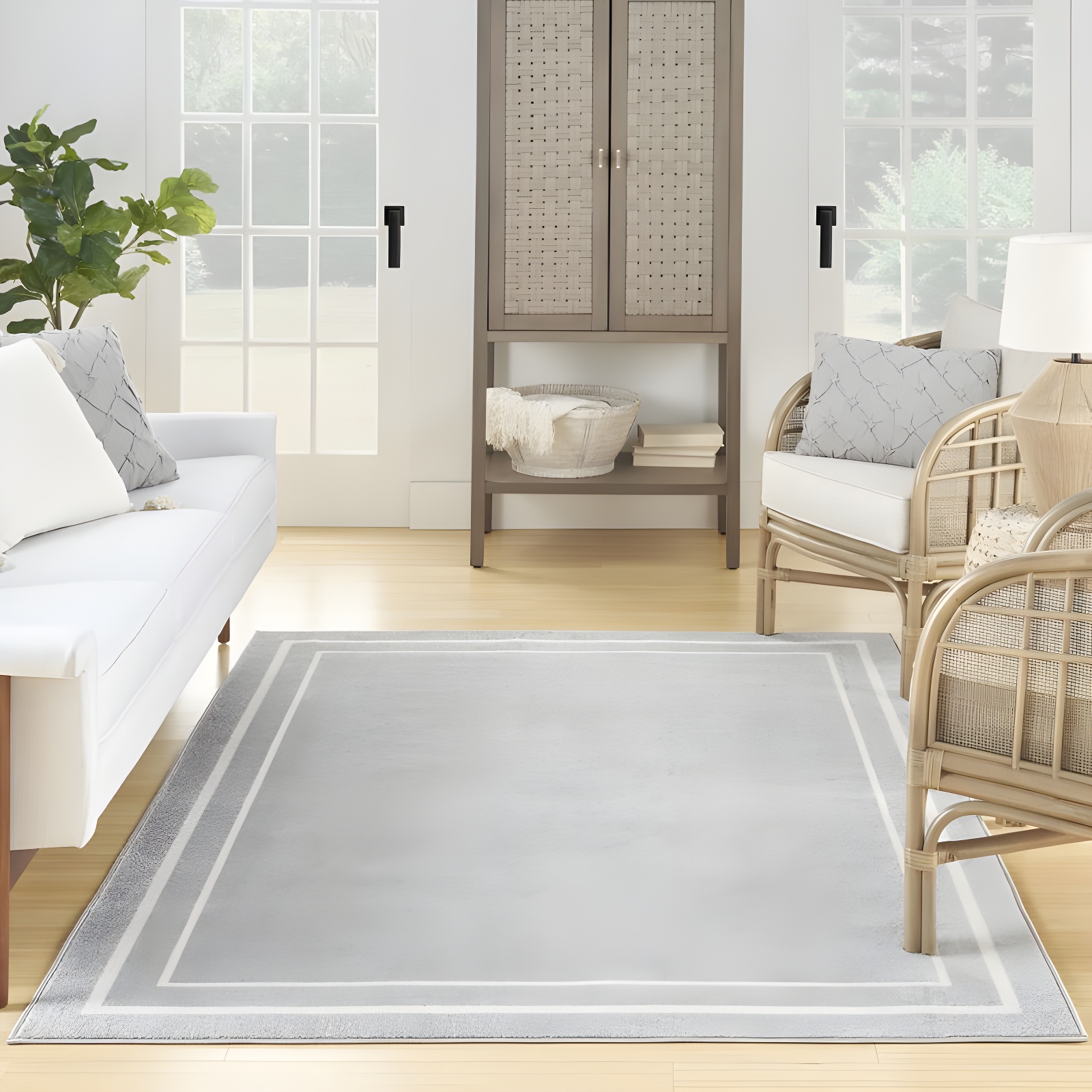 Nourison Essentials Solid Bordered Low Pile Indoor Outdoor Area Rug 5' x 7' Grey/Ivory