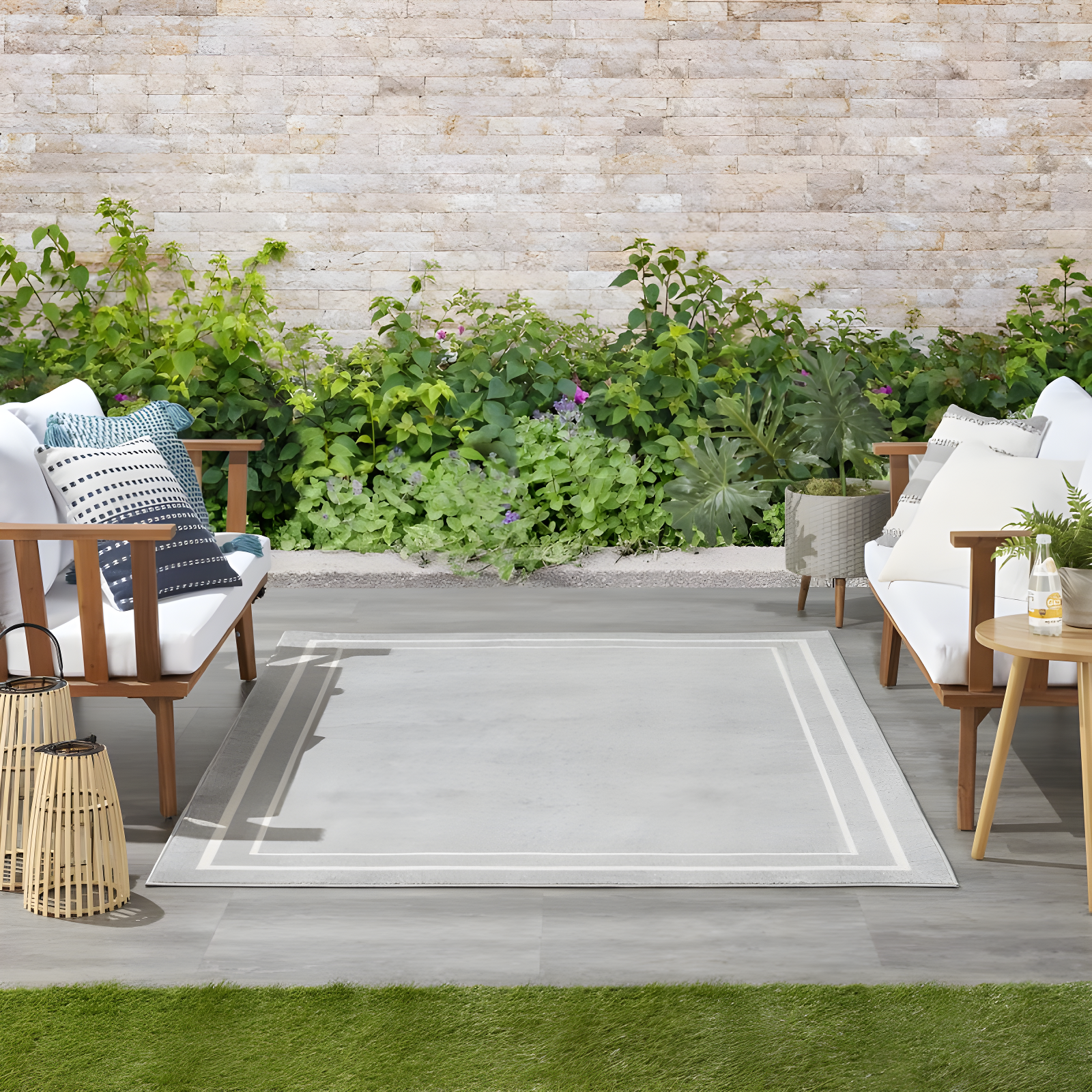 Nourison Essentials Solid Bordered Low Pile Indoor Outdoor Area Rug 5' x 7' Grey/Ivory