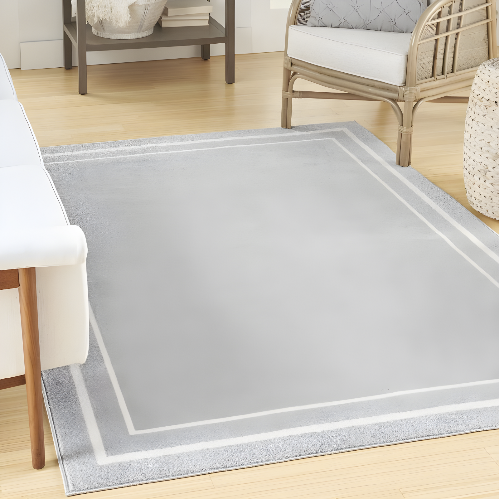 Nourison Essentials Solid Bordered Low Pile Indoor Outdoor Area Rug 5' x 7' Grey/Ivory