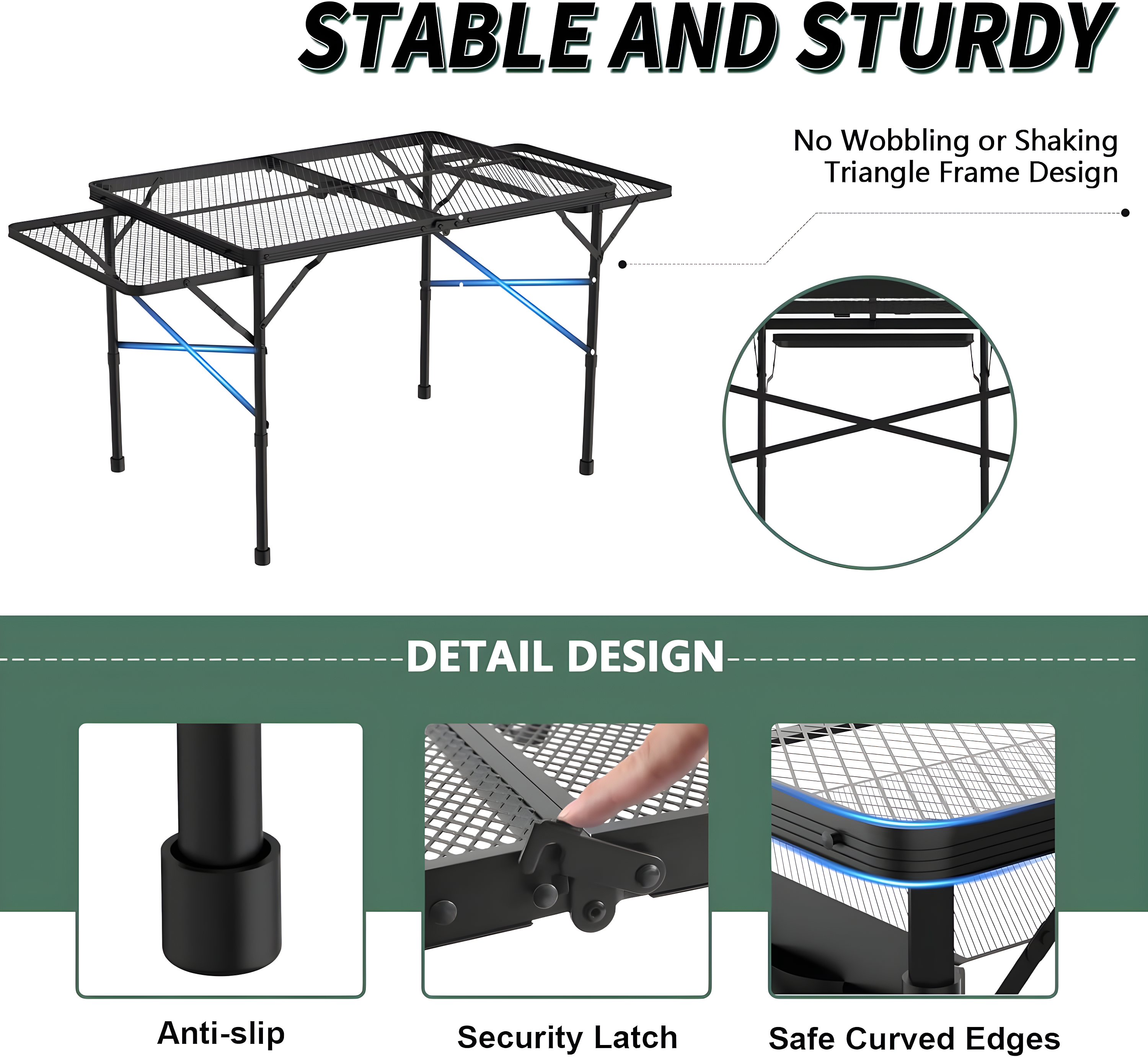 Black Metal Folding Camping Table with Mesh Panels