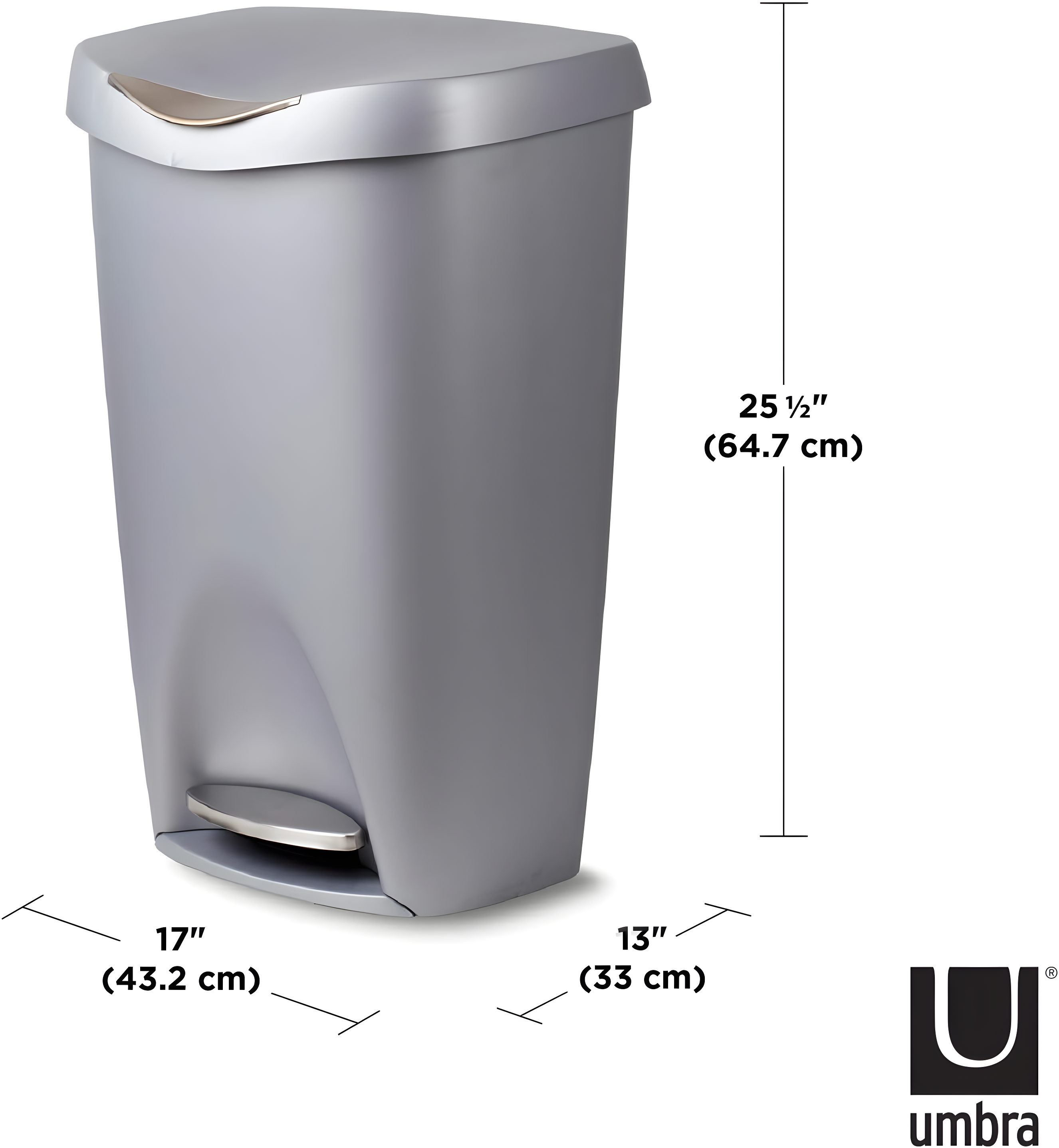 Umbra 13gal Brim Step Trash Can Nickel: Kitchen Trash Can, 50 Quart, Polypropylene, Indoor, Silver