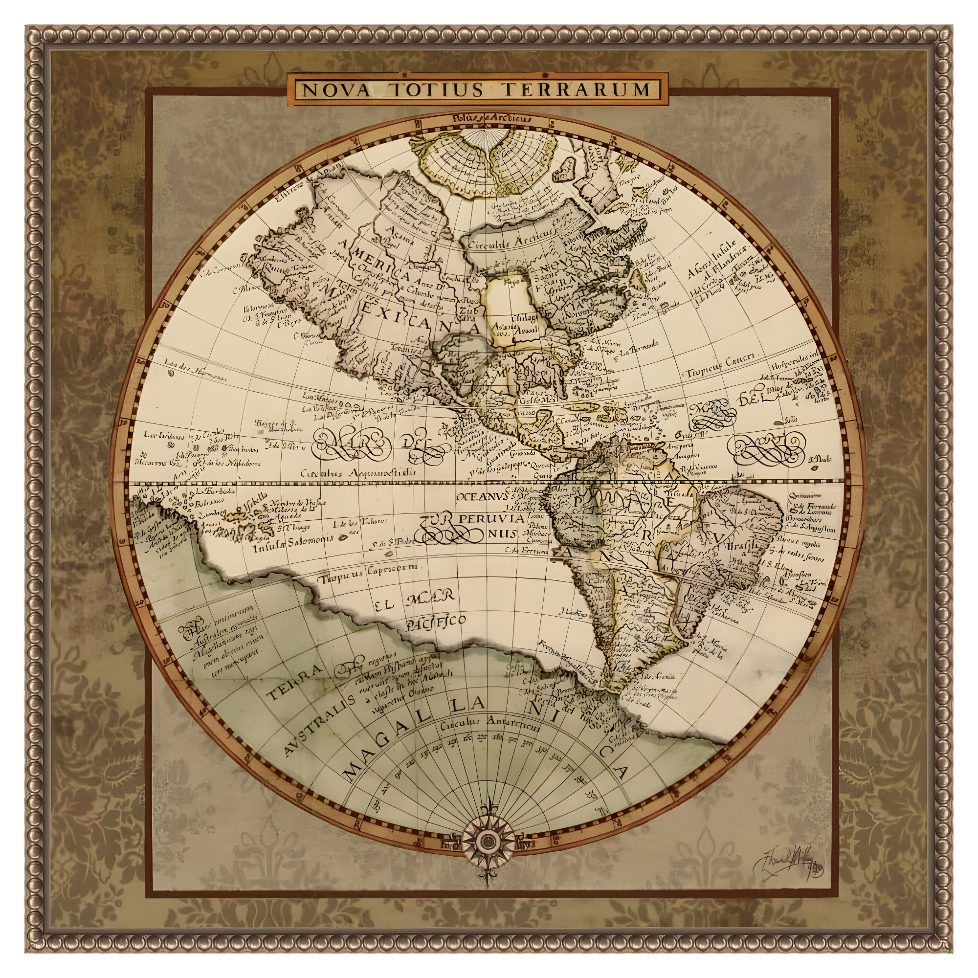 22"x22" Damask World Map I by Elizabeth Medley Framed Canvas Wall Art Print Bronze - Amanti Art: Modern Style, Polystyrene Frame