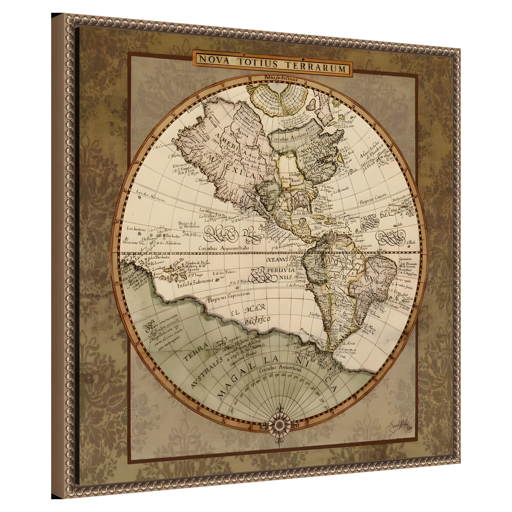 22"x22" Damask World Map I by Elizabeth Medley Framed Canvas Wall Art Print Bronze - Amanti Art: Modern Style, Polystyrene Frame