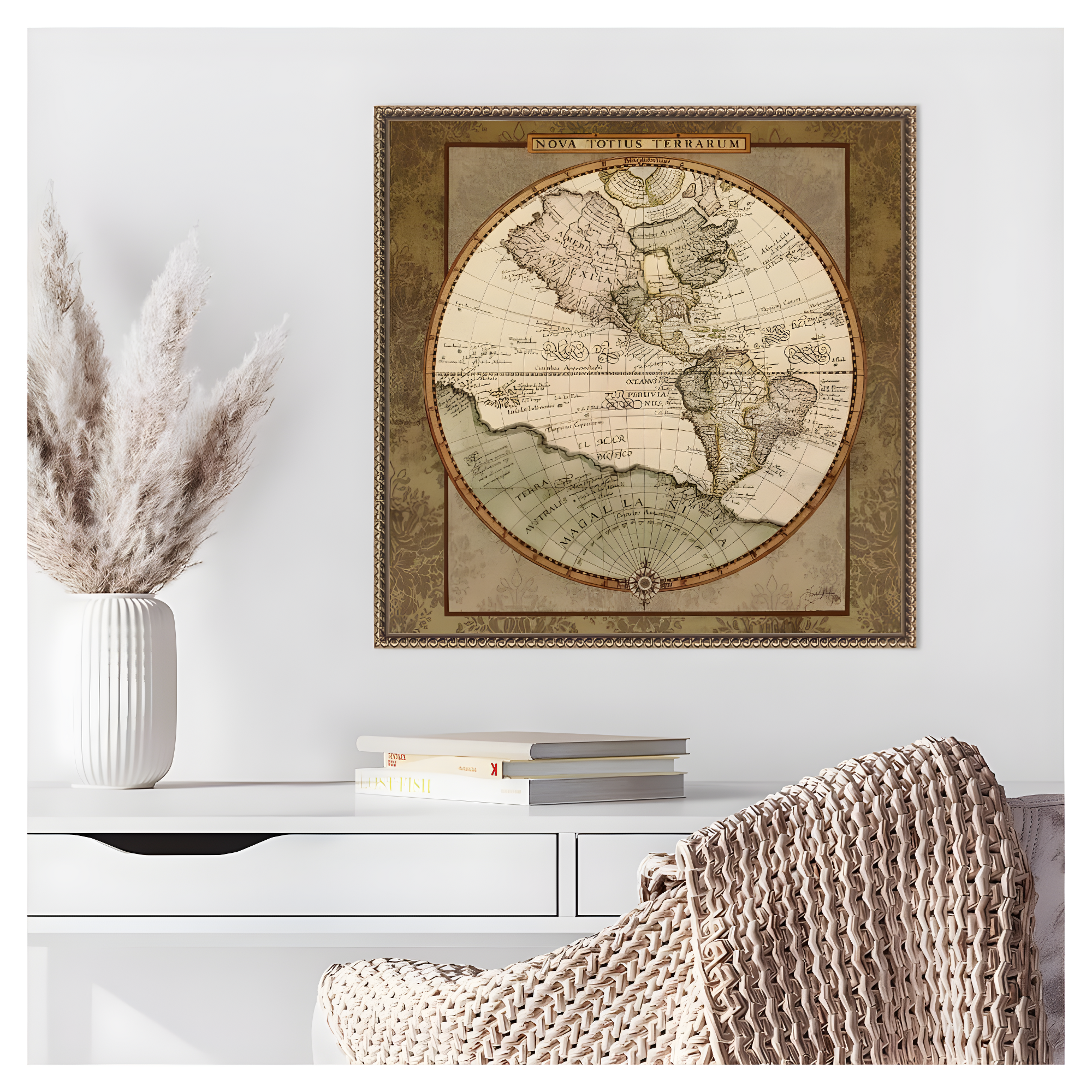 22"x22" Damask World Map I by Elizabeth Medley Framed Canvas Wall Art Print Bronze - Amanti Art: Modern Style, Polystyrene Frame