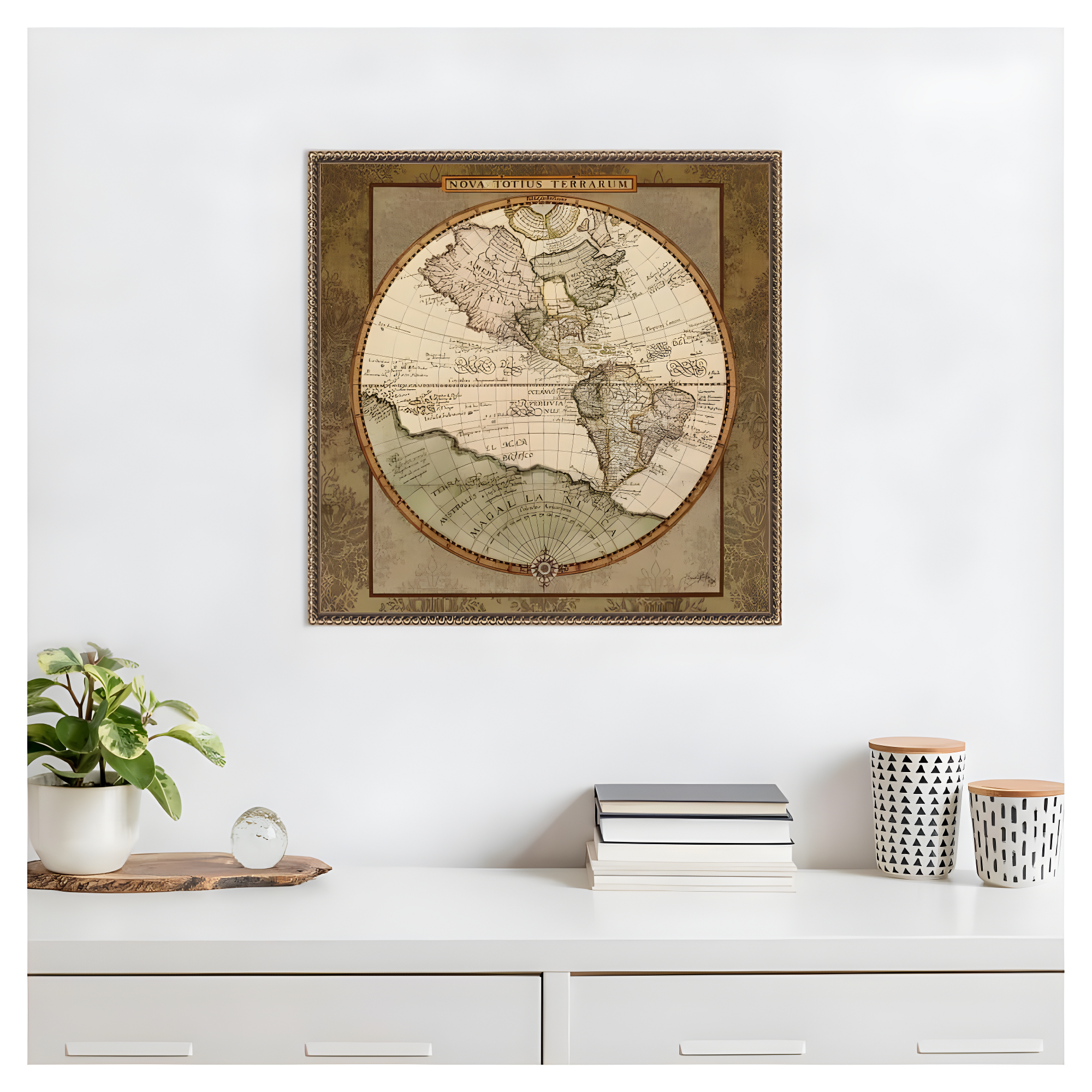 22"x22" Damask World Map I by Elizabeth Medley Framed Canvas Wall Art Print Bronze - Amanti Art: Modern Style, Polystyrene Frame