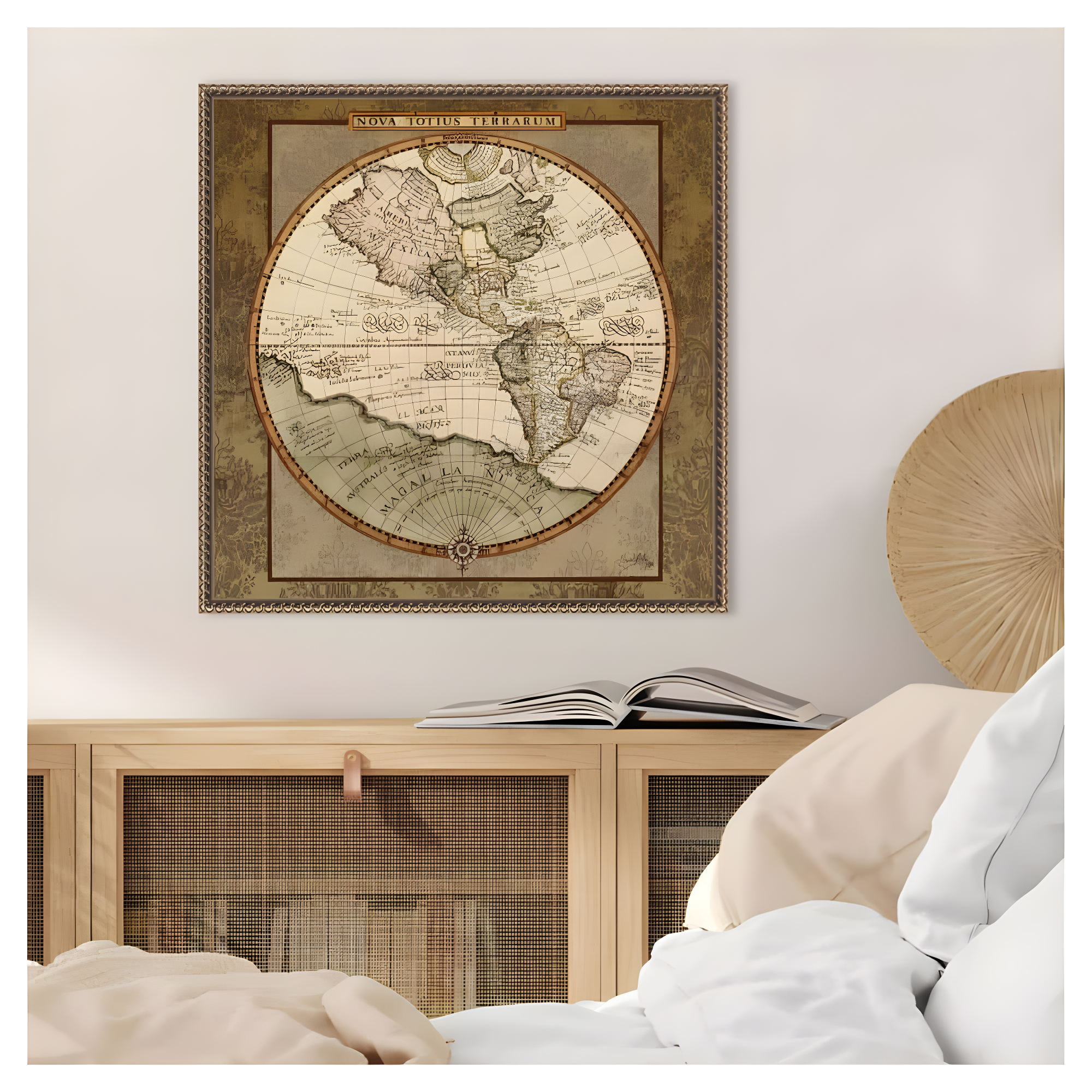 22"x22" Damask World Map I by Elizabeth Medley Framed Canvas Wall Art Print Bronze - Amanti Art: Modern Style, Polystyrene Frame