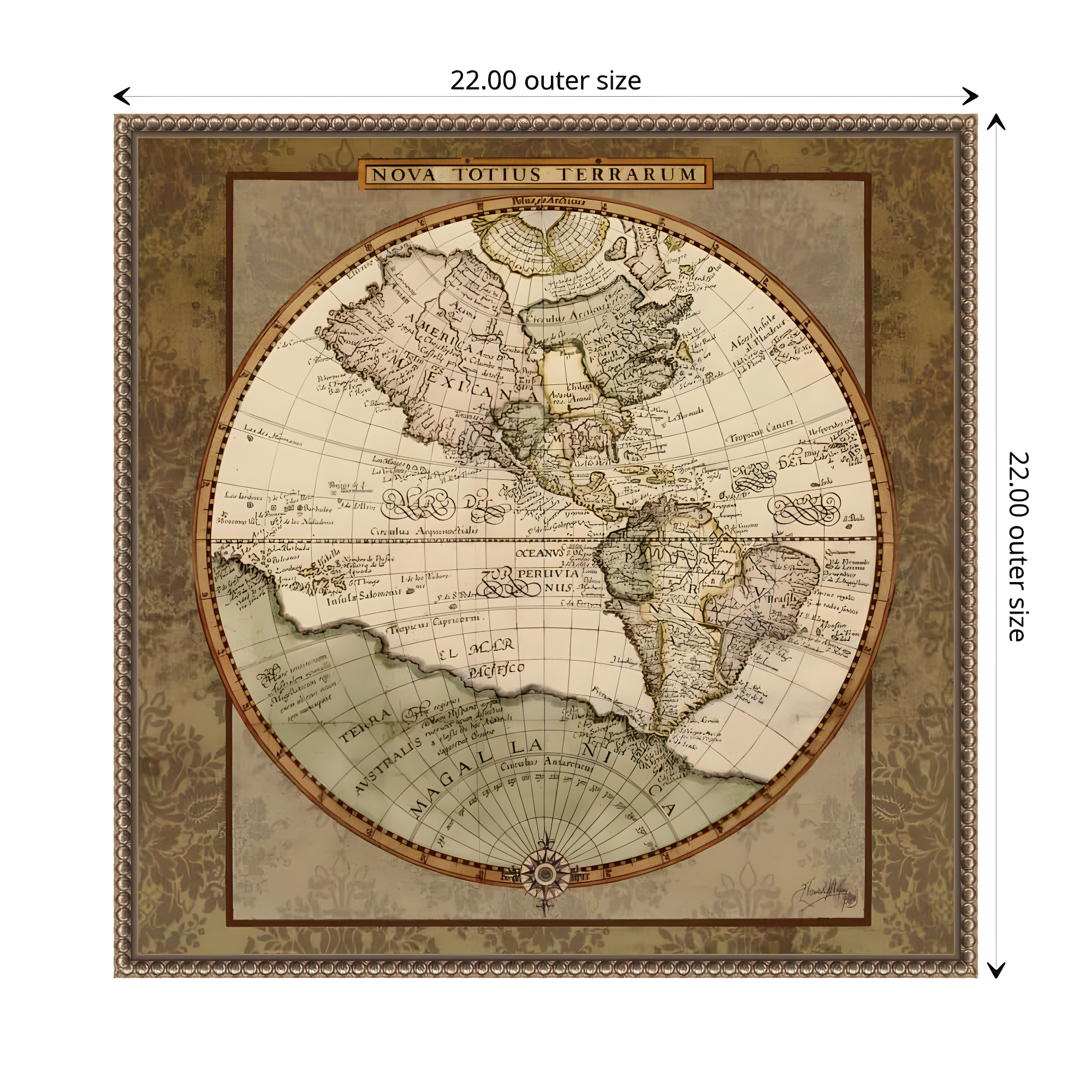 22"x22" Damask World Map I by Elizabeth Medley Framed Canvas Wall Art Print Bronze - Amanti Art: Modern Style, Polystyrene Frame