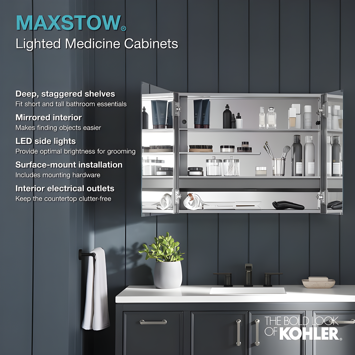 Kohler K-81145-SLE-DA1 Maxstow Surface Mount Frameless Medicine Cabinet with LED Lighting