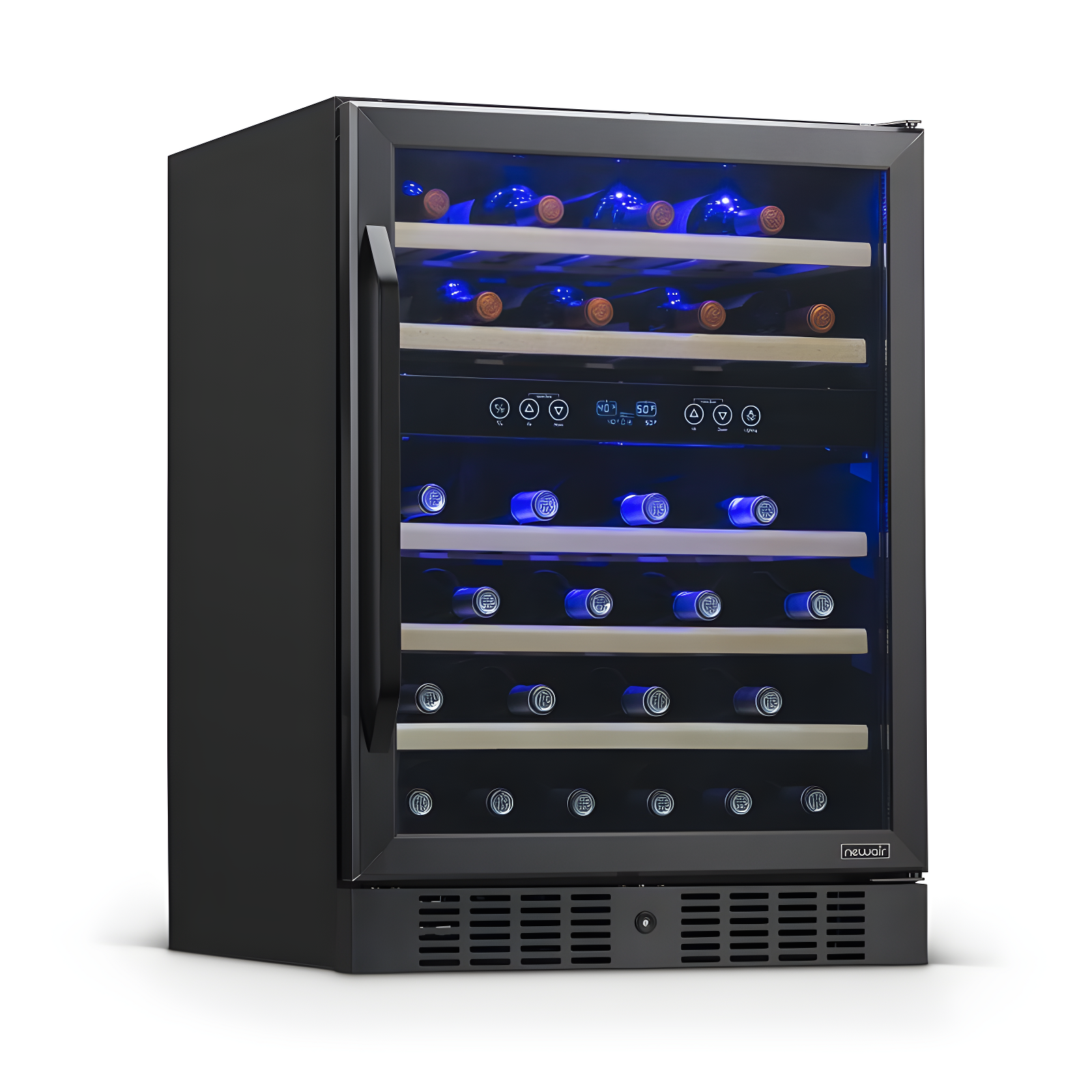 Newair 24” Built-in 46 Bottle Dual Zone Wine Cooler with Removable Beechwood Shelves in Black Stainless Steel