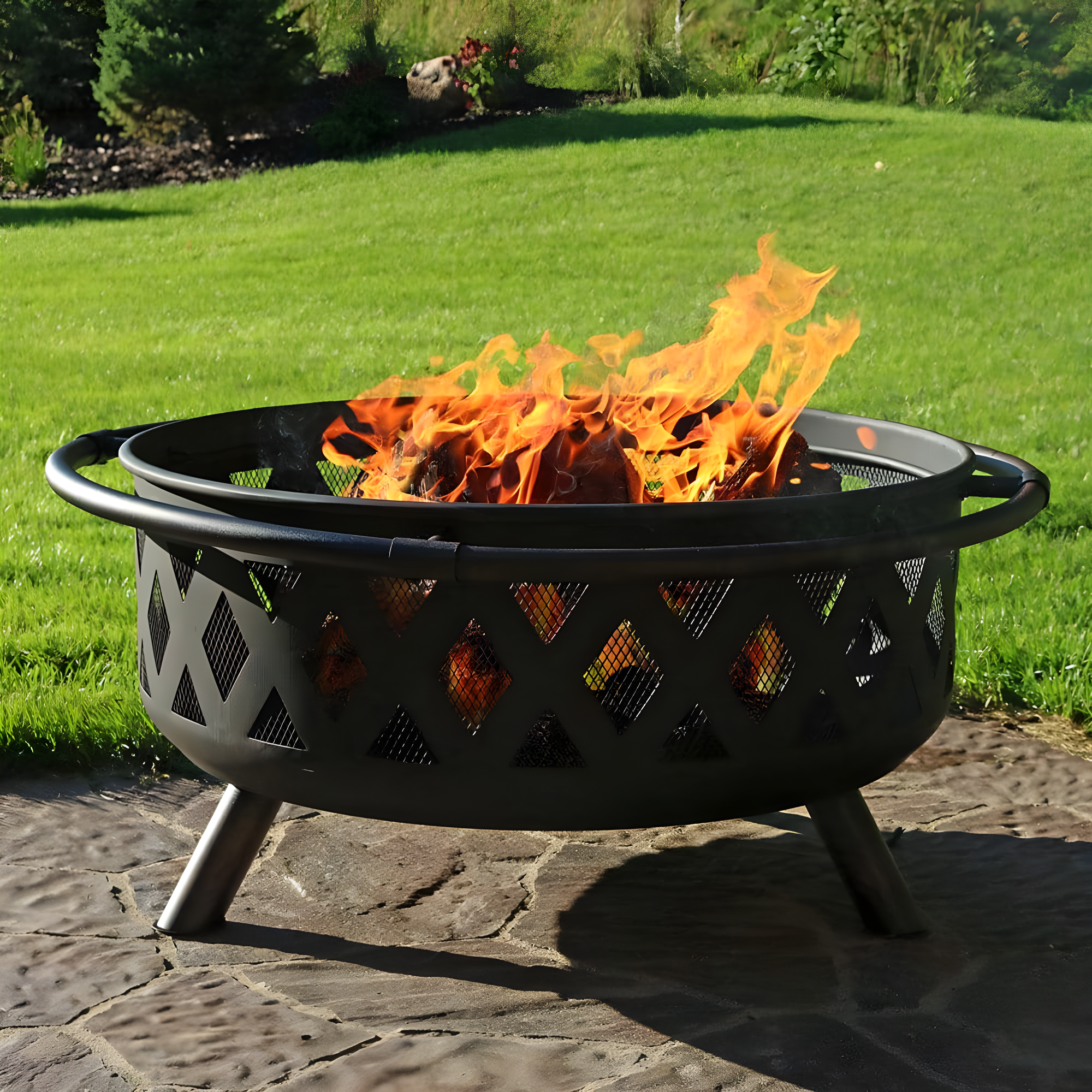 Sunnydaze Outdoor Camping or Backyard Round Crossweave Cut Out Fire Pit with Spark Screen, Log Poker, and Cover - 36"