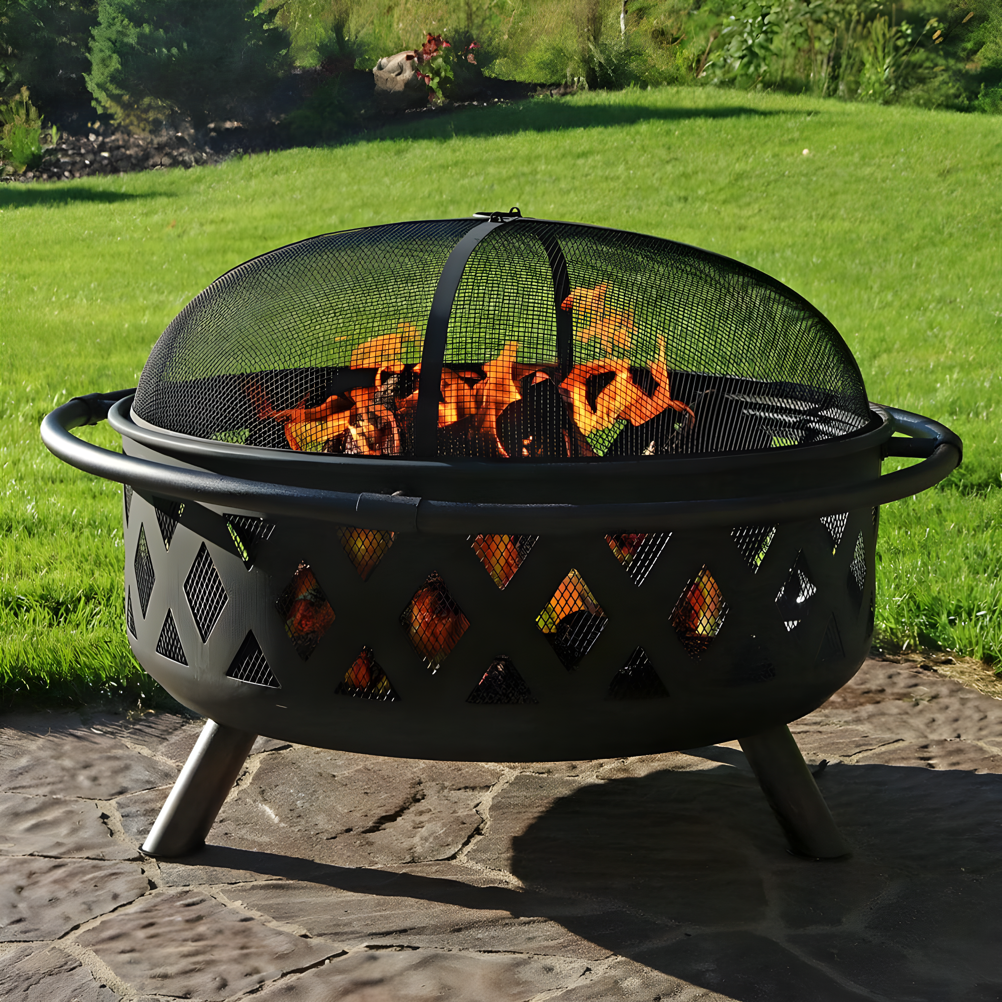 Sunnydaze Outdoor Camping or Backyard Round Crossweave Cut Out Fire Pit with Spark Screen, Log Poker, and Cover - 36"