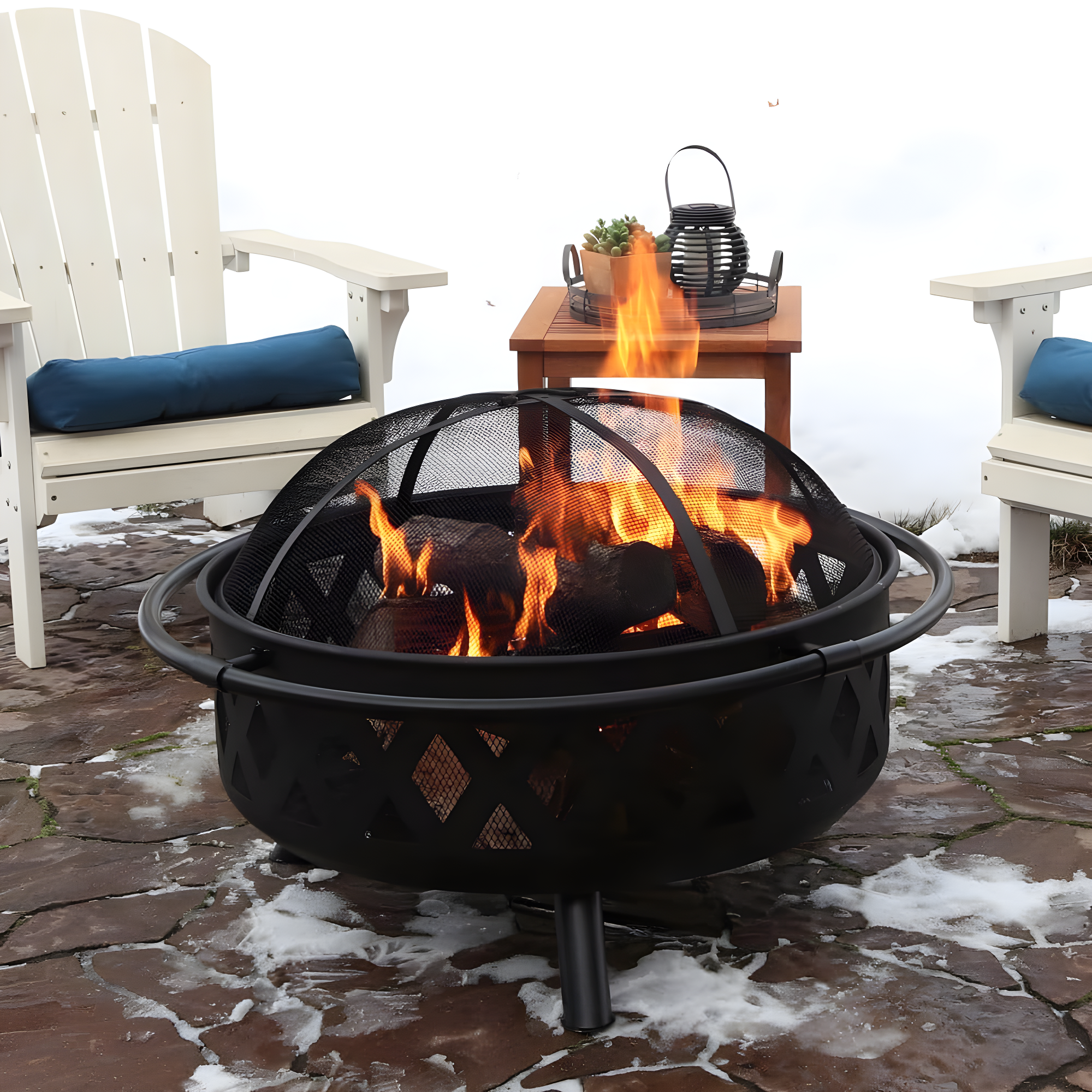 Sunnydaze Outdoor Camping or Backyard Round Crossweave Cut Out Fire Pit with Spark Screen, Log Poker, and Cover - 36"
