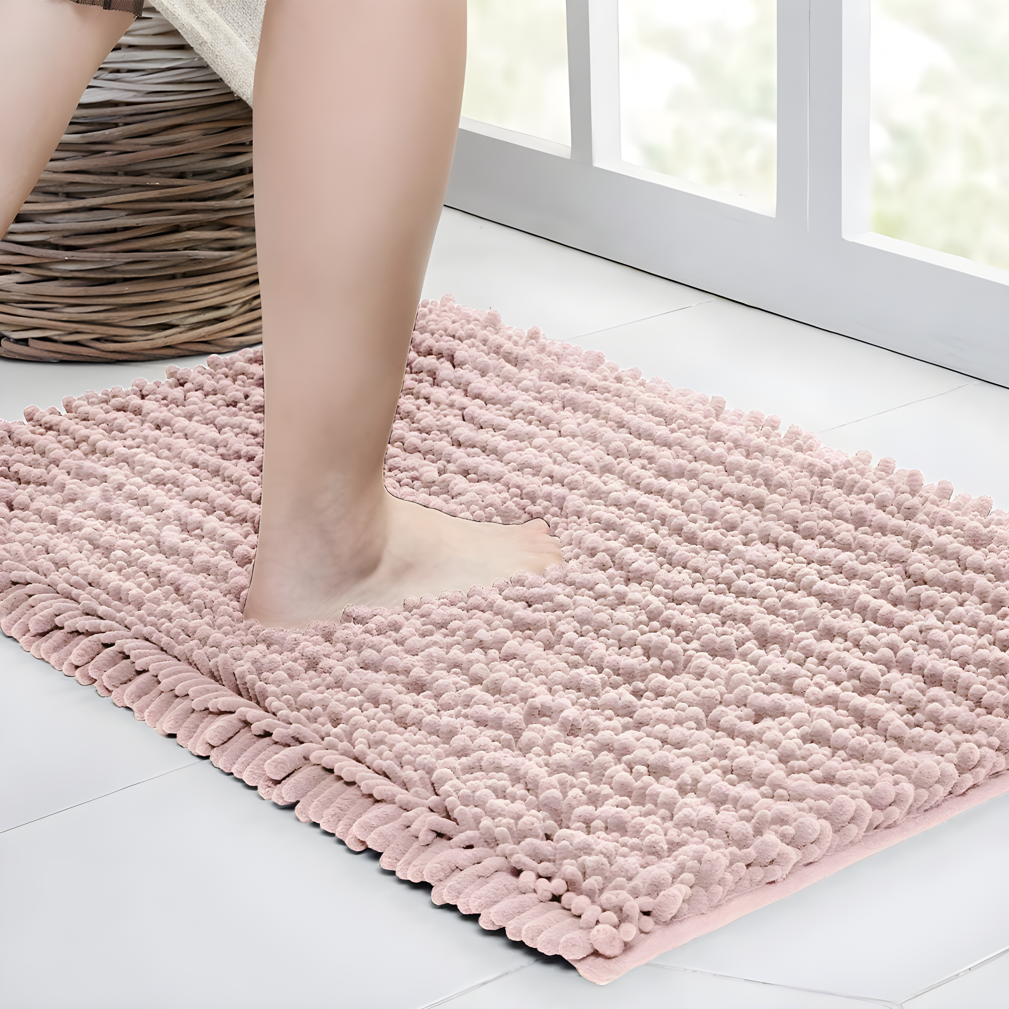 Bathroom Rug Non Slip Bath Mat (24x17 Inch Dusty Pink) Water Absorbent Super Soft Shaggy Chenille Machine Washable Dry Extra Thick Perfect Absorbant Best Small Plush Carpet for Shower Floor