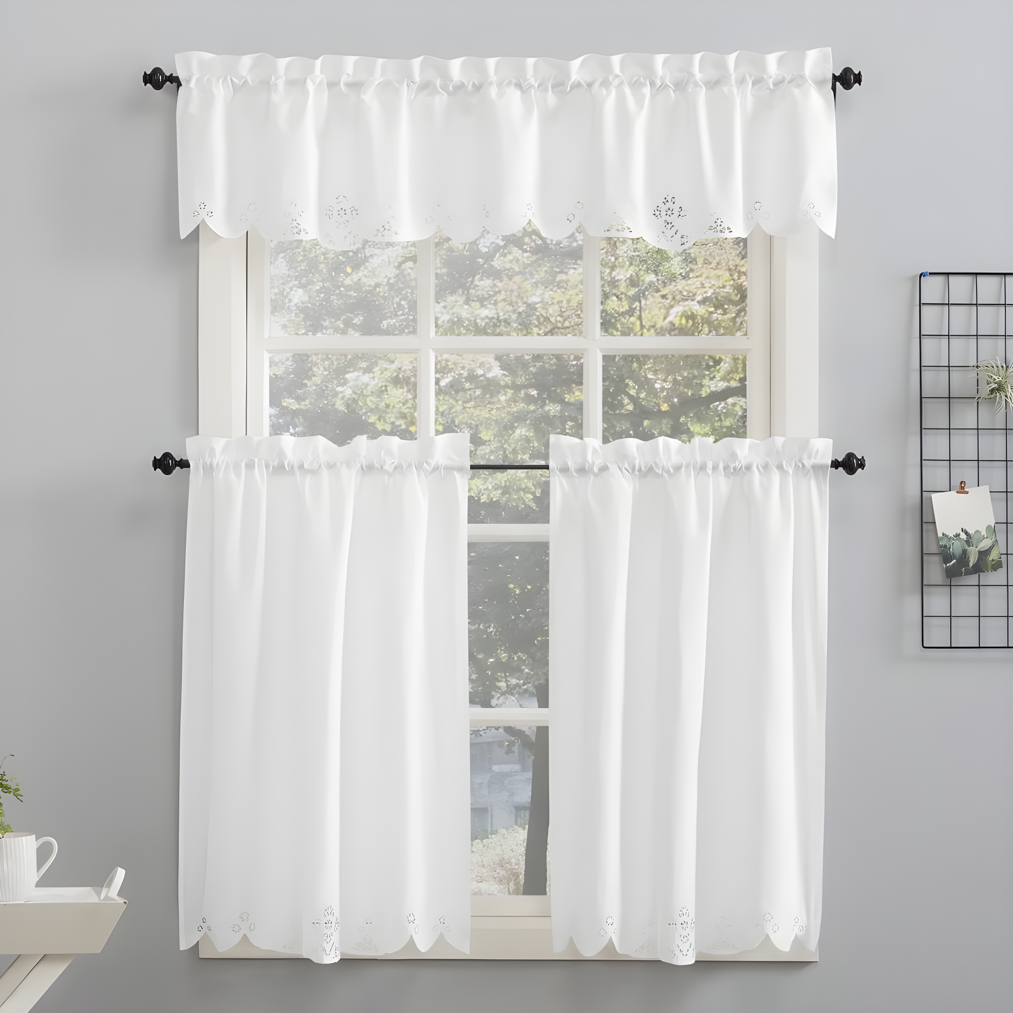 58"x14" Mariela Floral Trim Window Valance White - No. 918: Lace Rod Pocket Curtain, Botanical Pattern