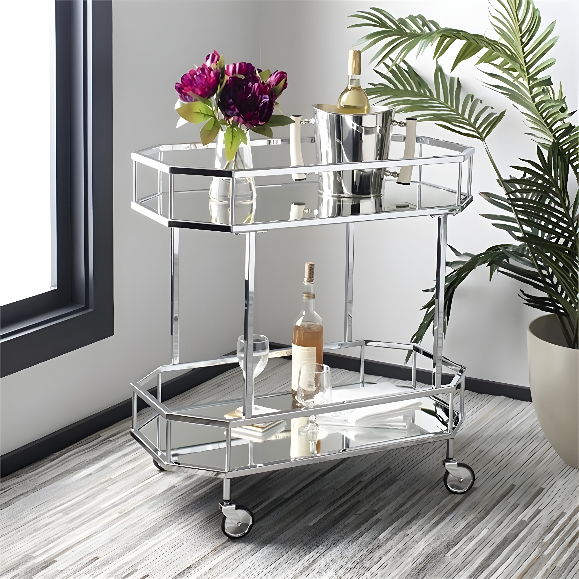 Silva 2 Tier Octagon Bar Cart - BCT8004B - Chrome/Mirror - Safavieh