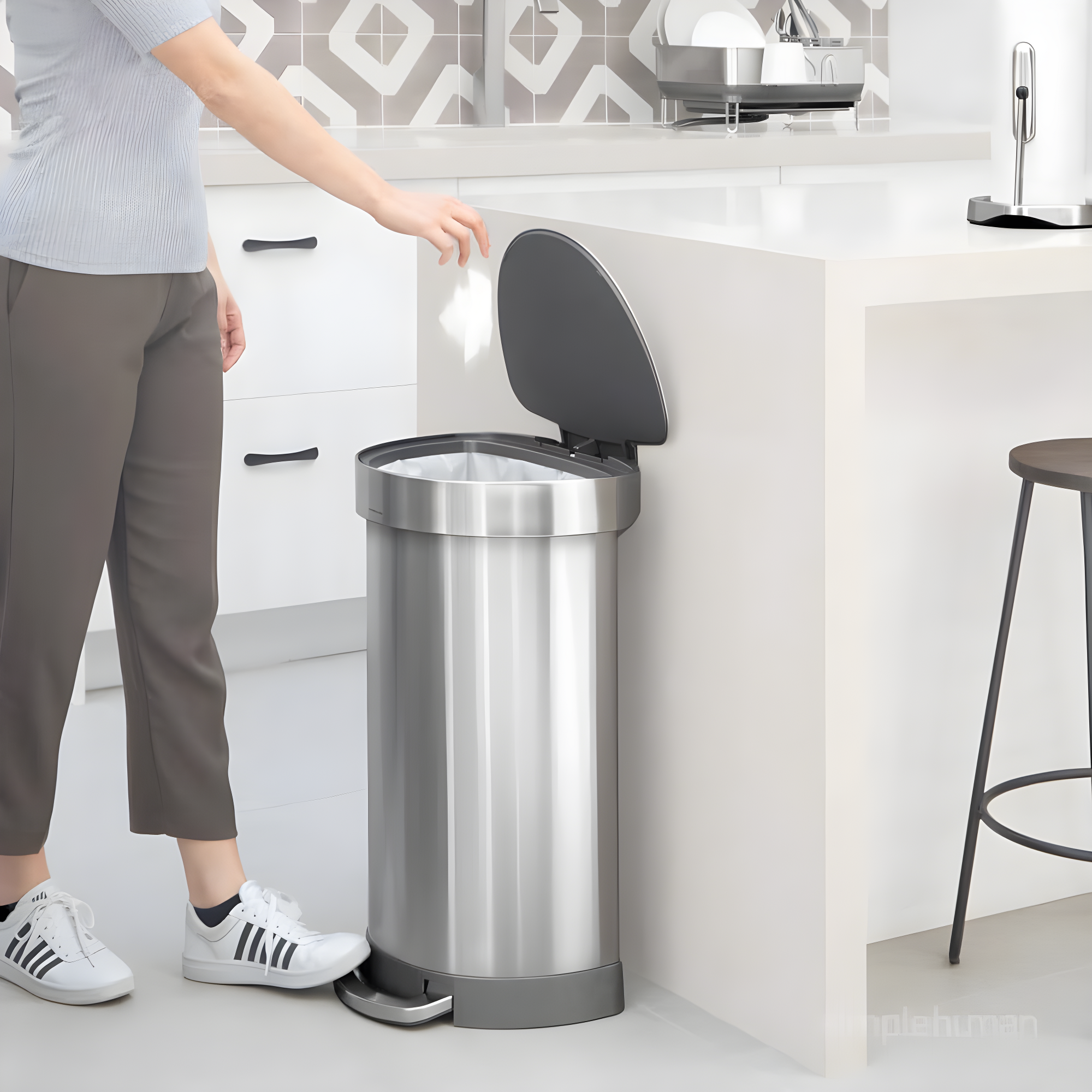 simplehuman Semi-Round Hands-Free Kitchen Step Trash Can with Soft-Close Lid