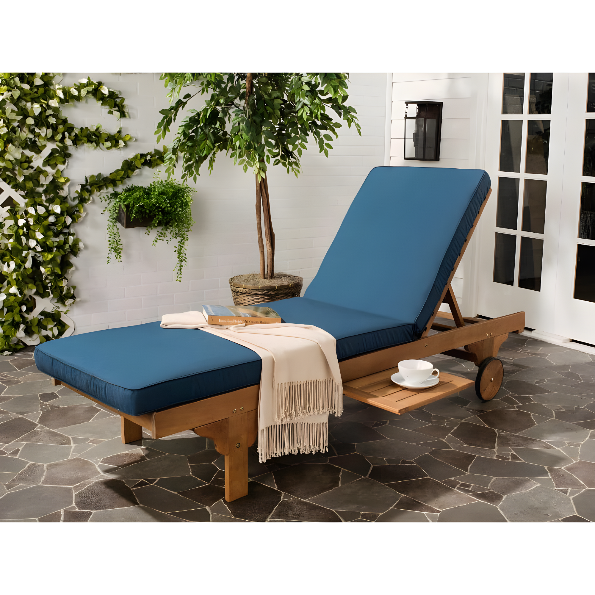 Newport Lounge Chair - Outdoor - PAT7022 - Natural/Navy -Safavieh