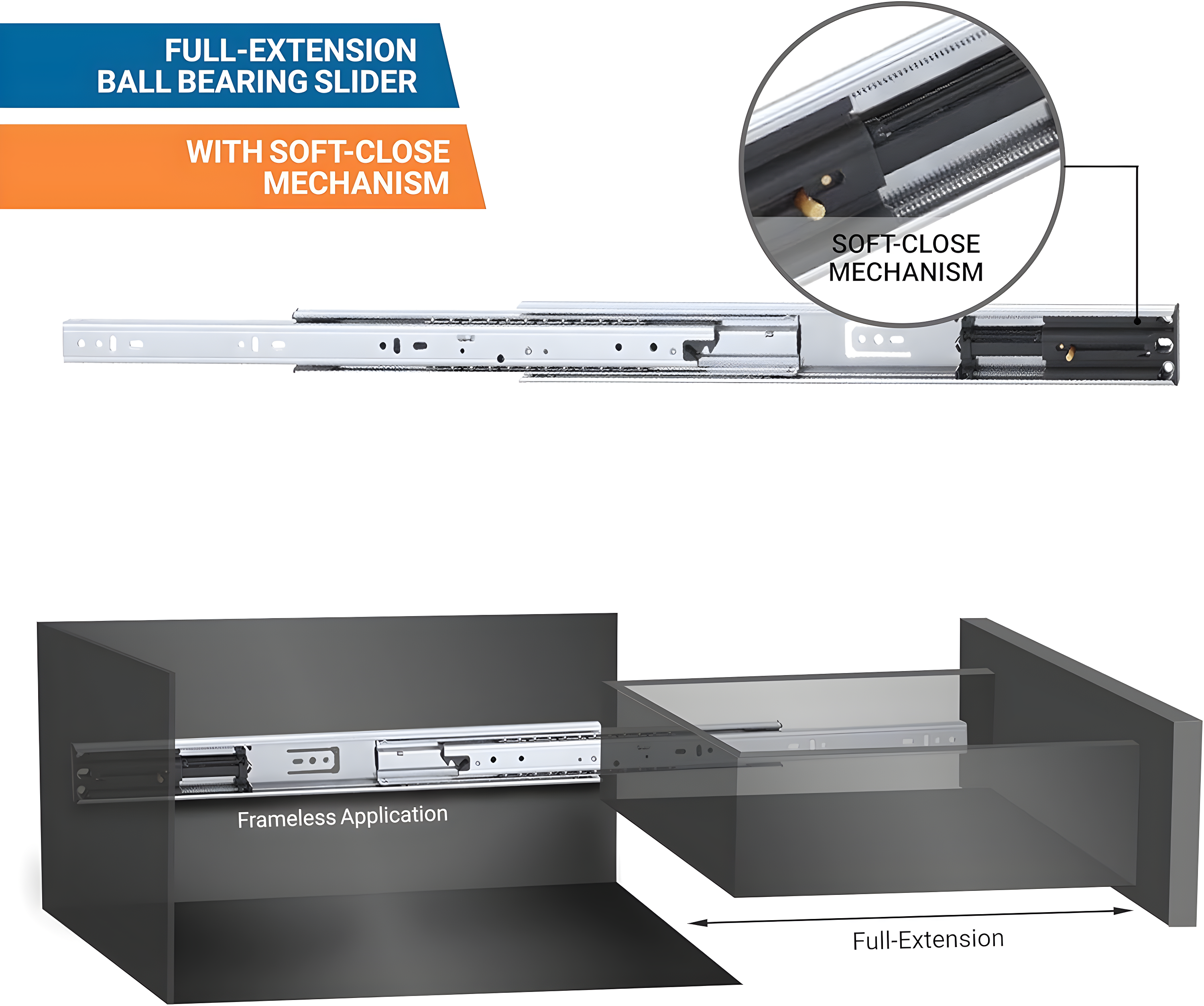 28" Zinc Full Extension Soft Close Drawer Slides with Mounting Screws