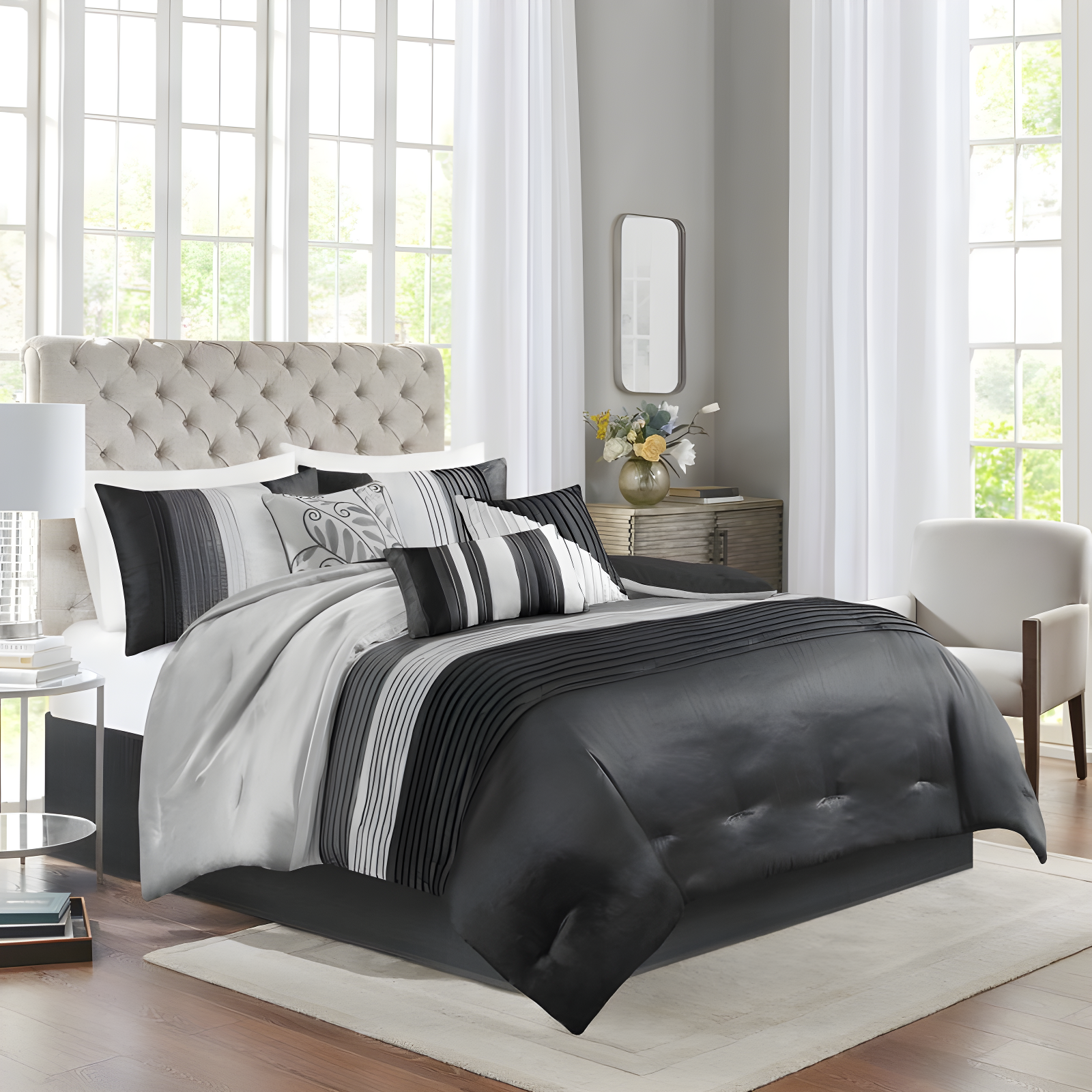 Madison Park Amherst 7 Piece Striped and Pleated Comforter Set