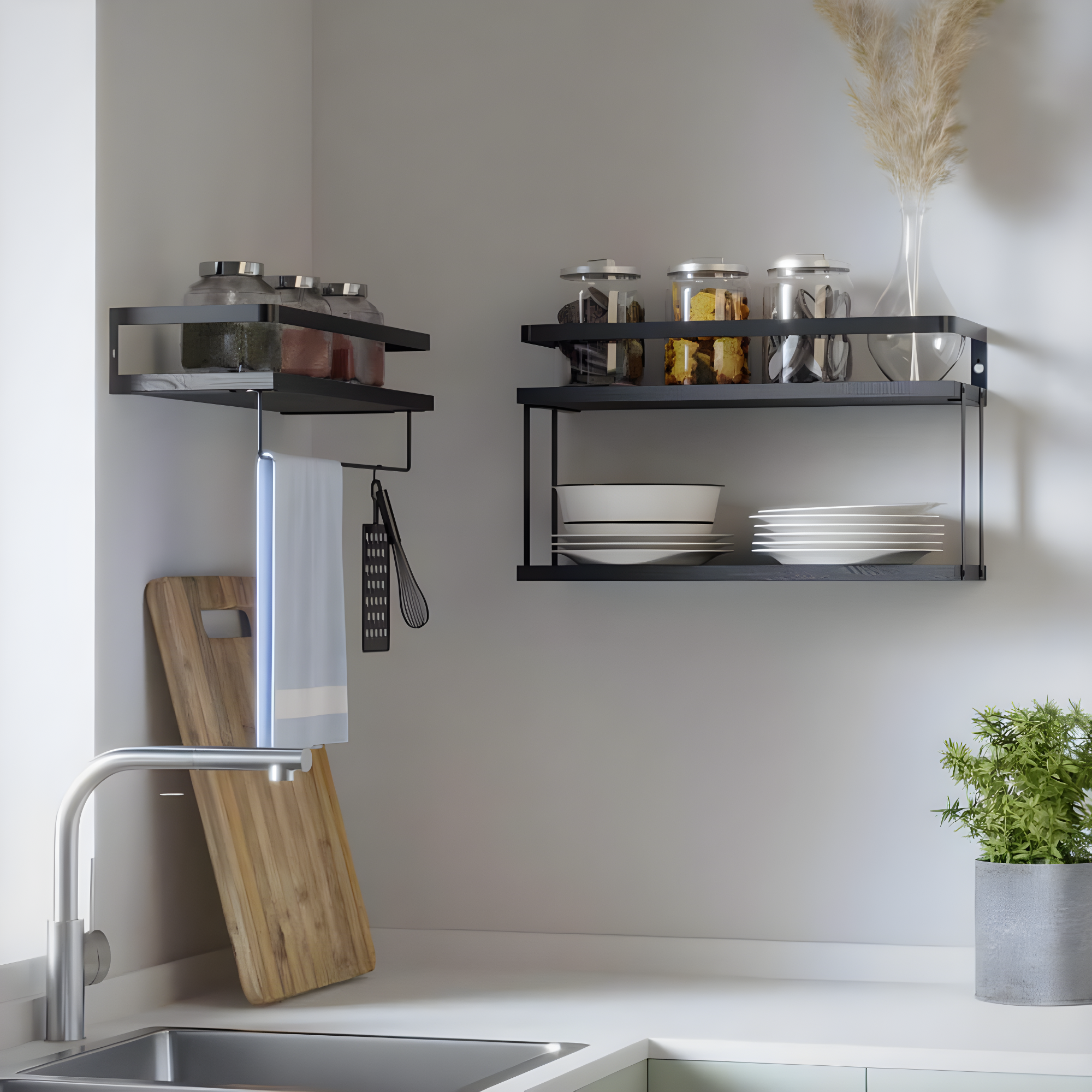 RICHER HOUSE 2+1 Tier Wall Mounted Floating Shelves Set of 2, Rustic Wood Wall Shelf with Metal Frame, Extra Storage Rack for Bathroom, Kitchen, Bedroom with Tissue Rack & Towel Bar - Black