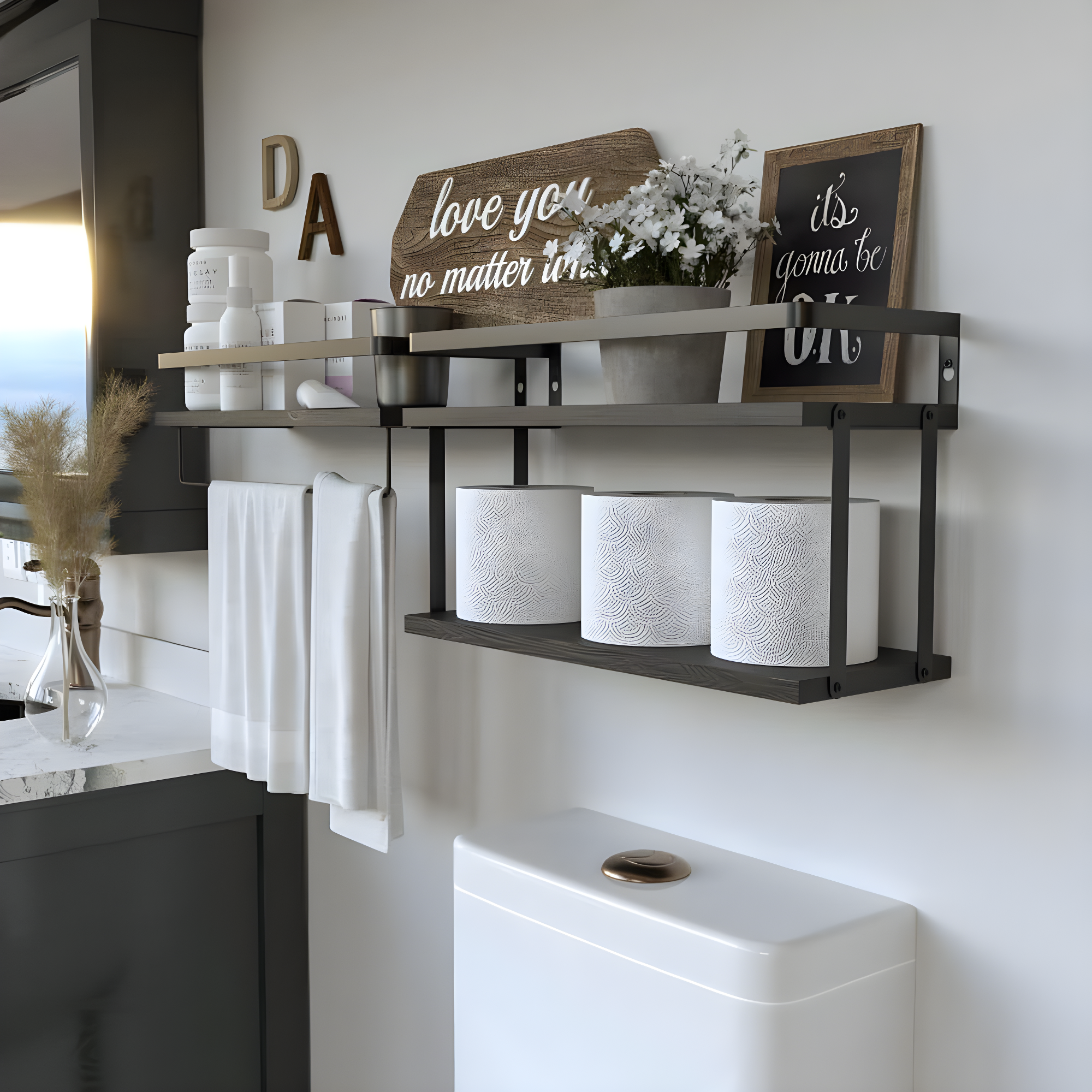 RICHER HOUSE 2+1 Tier Wall Mounted Floating Shelves Set of 2, Rustic Wood Wall Shelf with Metal Frame, Extra Storage Rack for Bathroom, Kitchen, Bedroom with Tissue Rack & Towel Bar - Black