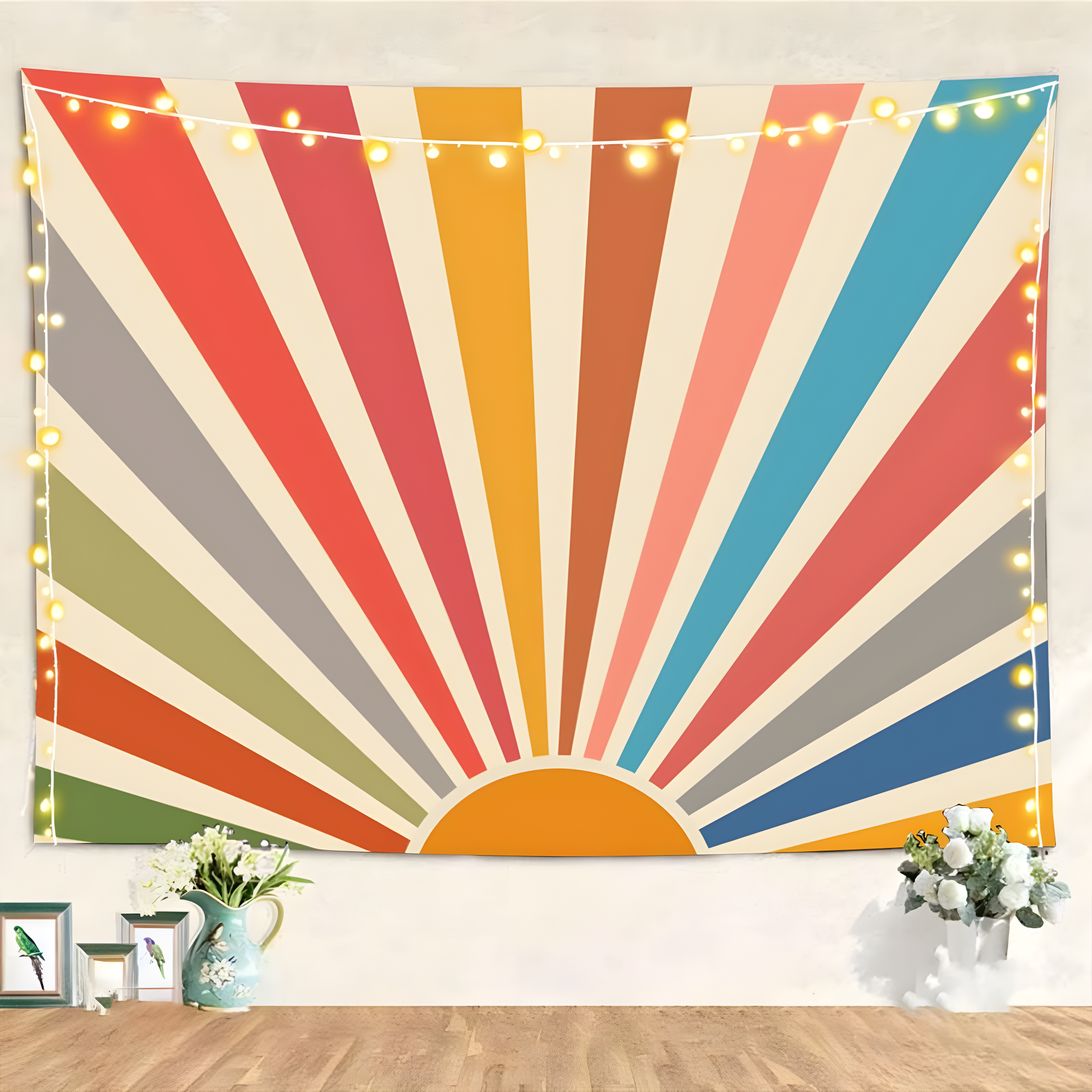 Vintage Sun Tapestry Bohemia Wall Hanging Retro 70s Rainbow Sunrise Sunset Geometric Grunge Abstract Art Print Hippie Decor for Dorm Nursery Bedroom