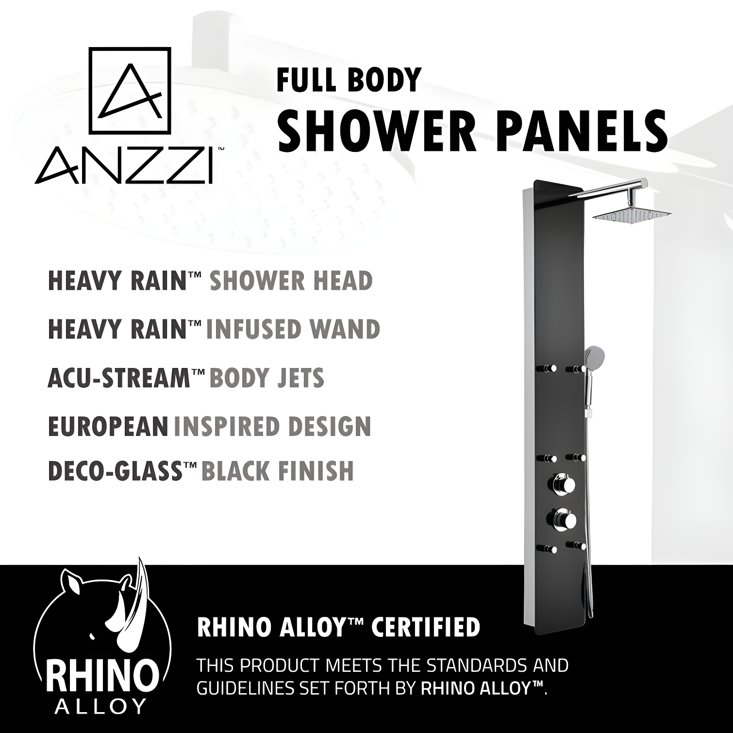 Greenspring 6-Jet Rainfall Shower Panel System With Spa Jets Rainfall Waterfall Shower Head And Shower Wand Marble Finish In Black GSP42D